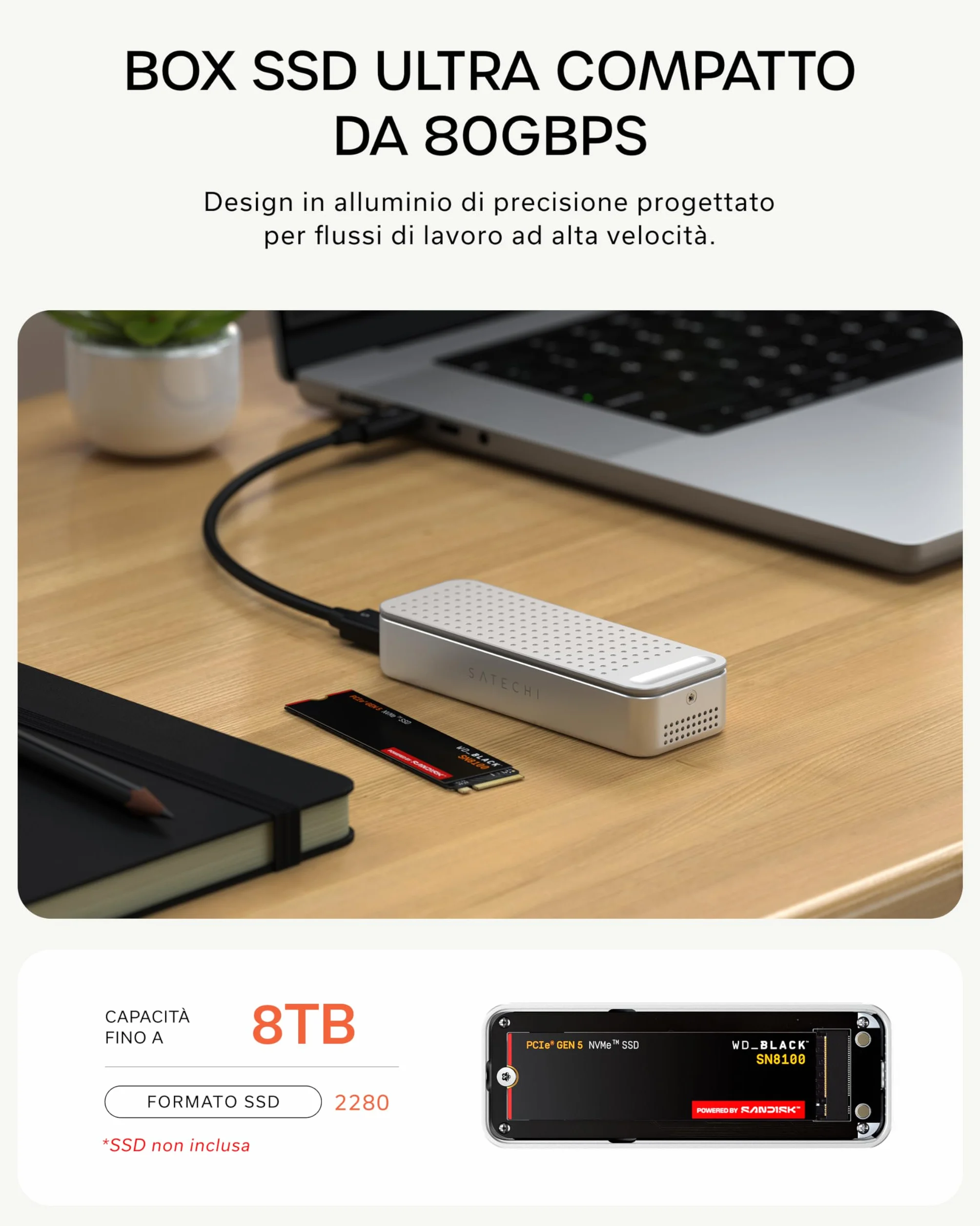 SATECHI DotDisk™ Case SSD M.2 NVMe 80Gbps, USB4 V2 in Alluminio con Raffreddamento Attivo, Trasferimento Ultra Rapido per Thunderbolt 5 e USB4 – Argento