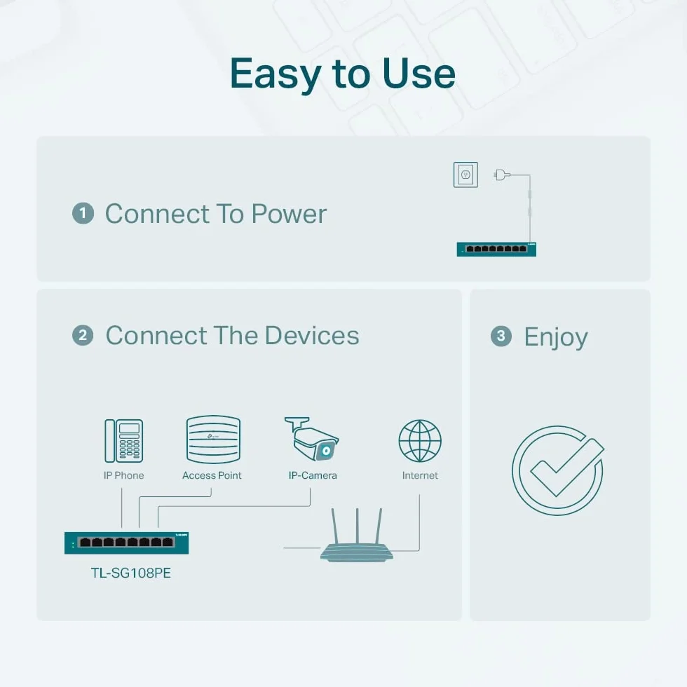 TP-Link Switch Gigabit TL-SG108PE Easy Smart con 4 porte PoE+ (64 watt, porte RJ-45 schermate, IEEE-802.3af/at, configurazione semplice, senza ventola), nero/antracite, 8 porte PoE Smart