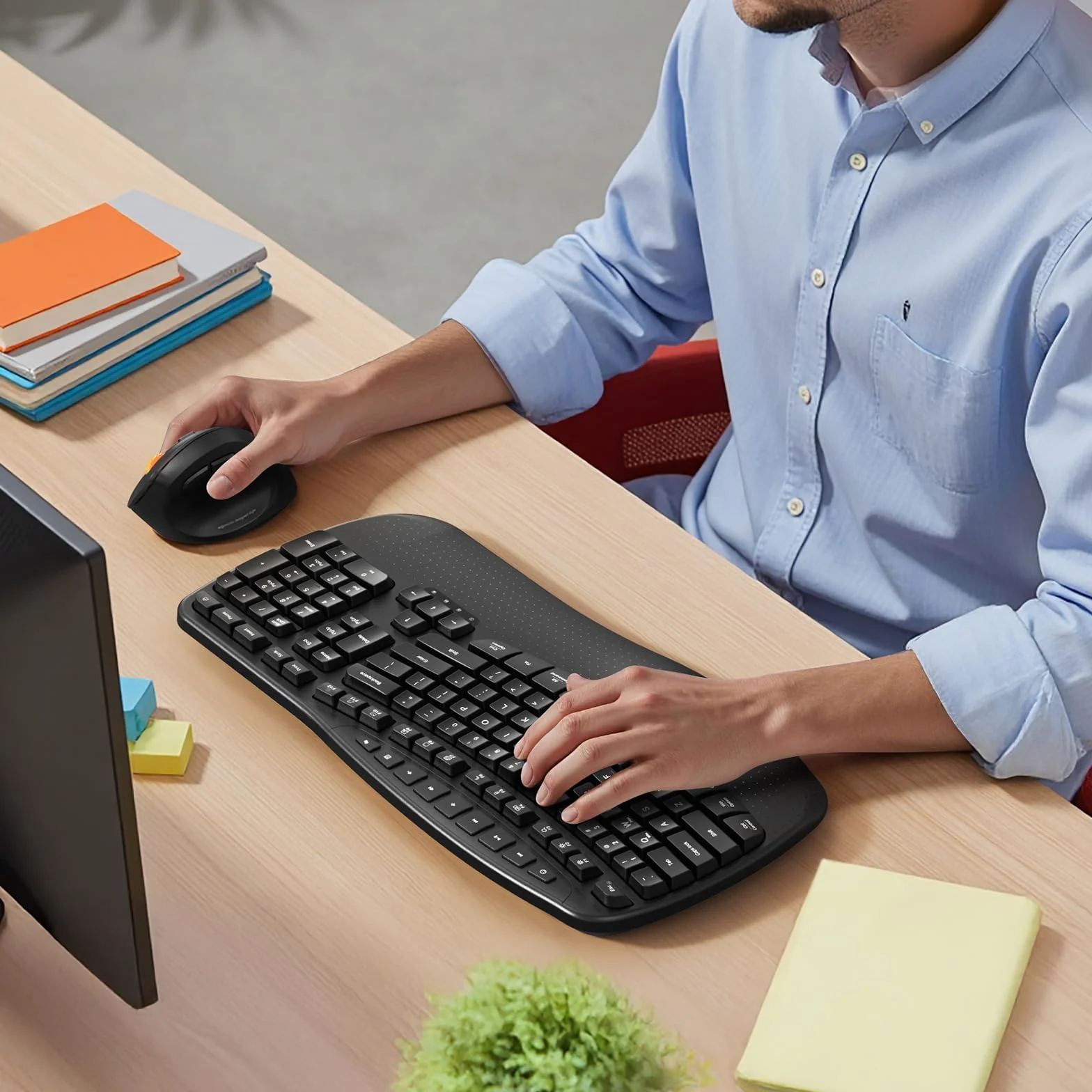 Doci Tastiera ergonomica senza fili, tasti ondulati, tastiera di digitazione naturale, ricevitore cordless USB-A 2.4G e adattatore USB-C, tastiera per computer Ergo, Windows/Mac/PC/laptop, nero