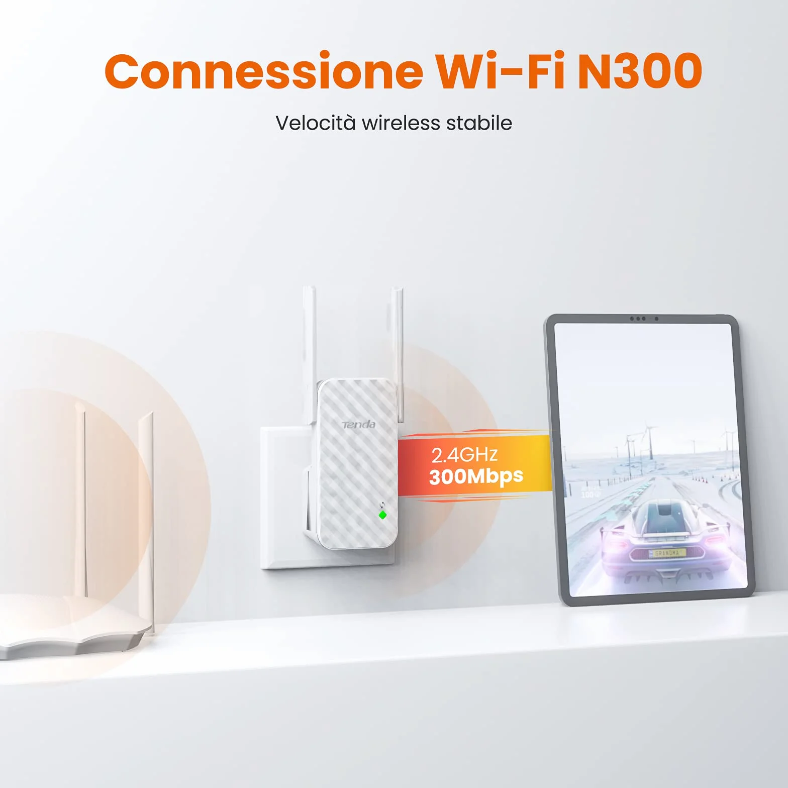 Tenda A9 Ripetitore WiFi Extender e Access Point, Velocità Single Band 300Mbps, Compatibile con i principali router, Installazione facile, Bianco