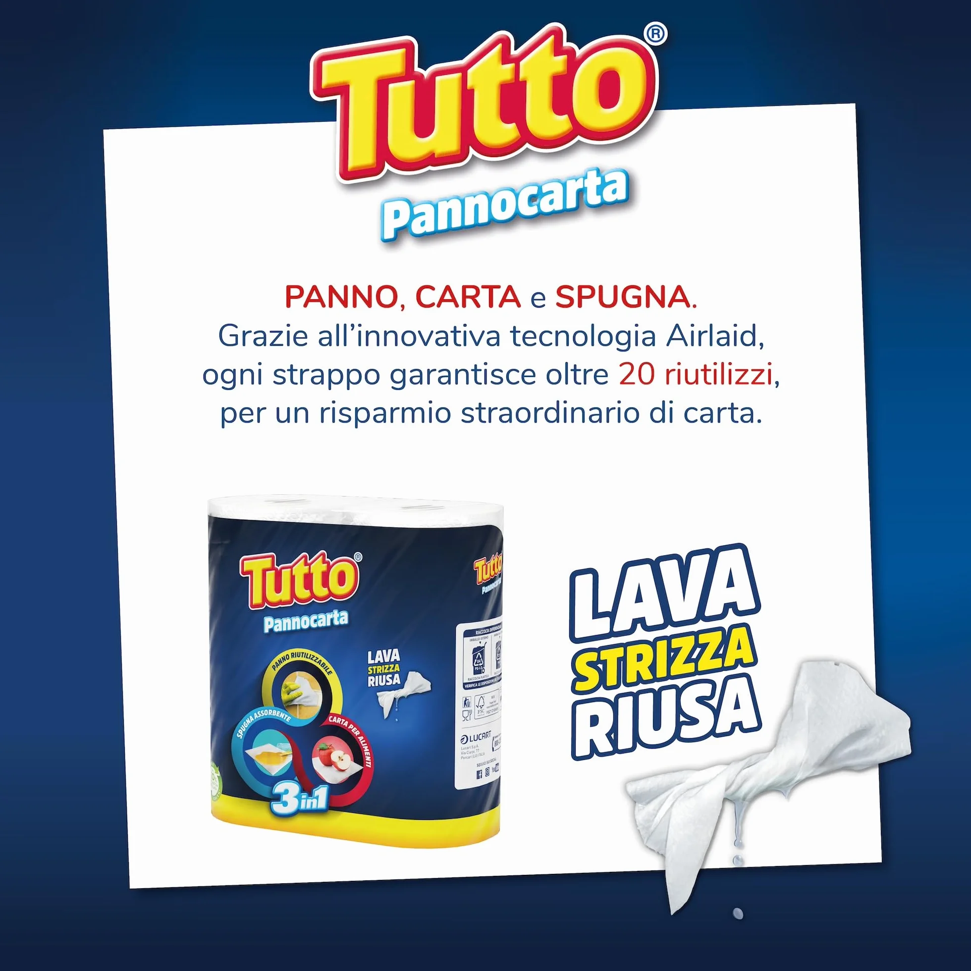 Tutto Pannocarta 3 in 1 Carta Multiuso 2 Rotoli Extra Assorbente Lavabile Riutilizzabile 20 Volte Made in Italy