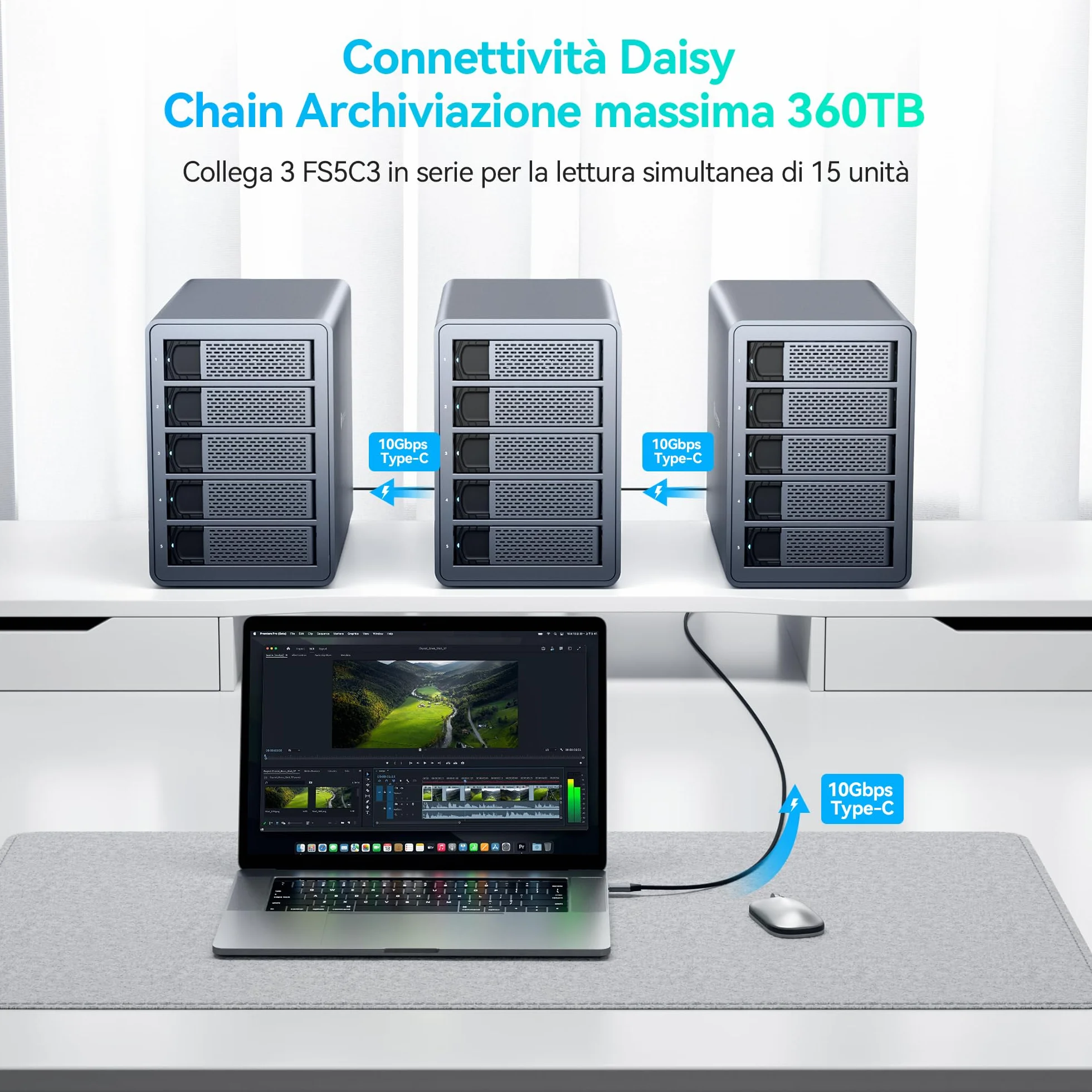 Yottamaster 10Gbps 5 Bay HDD Case Esterno Daisy Chain Type-C per 2.5/3.5 HDD SSD Supporto 24TB