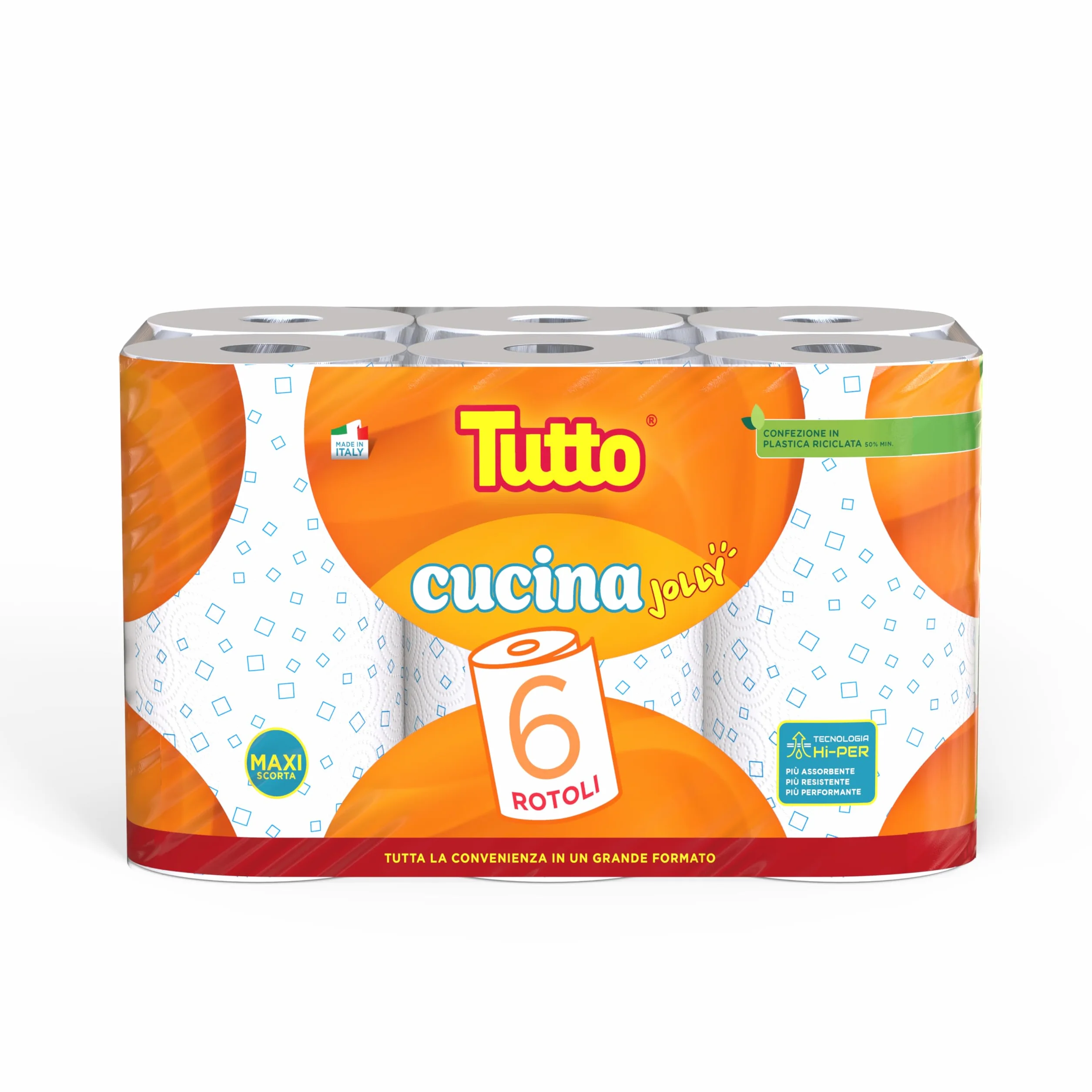 Tutto Cucina Jolly Asciugatutto 6 rotoli con Motivo Geometrico, Tecnologia HI-PER, Pura Cellulosa FSC® MIX
