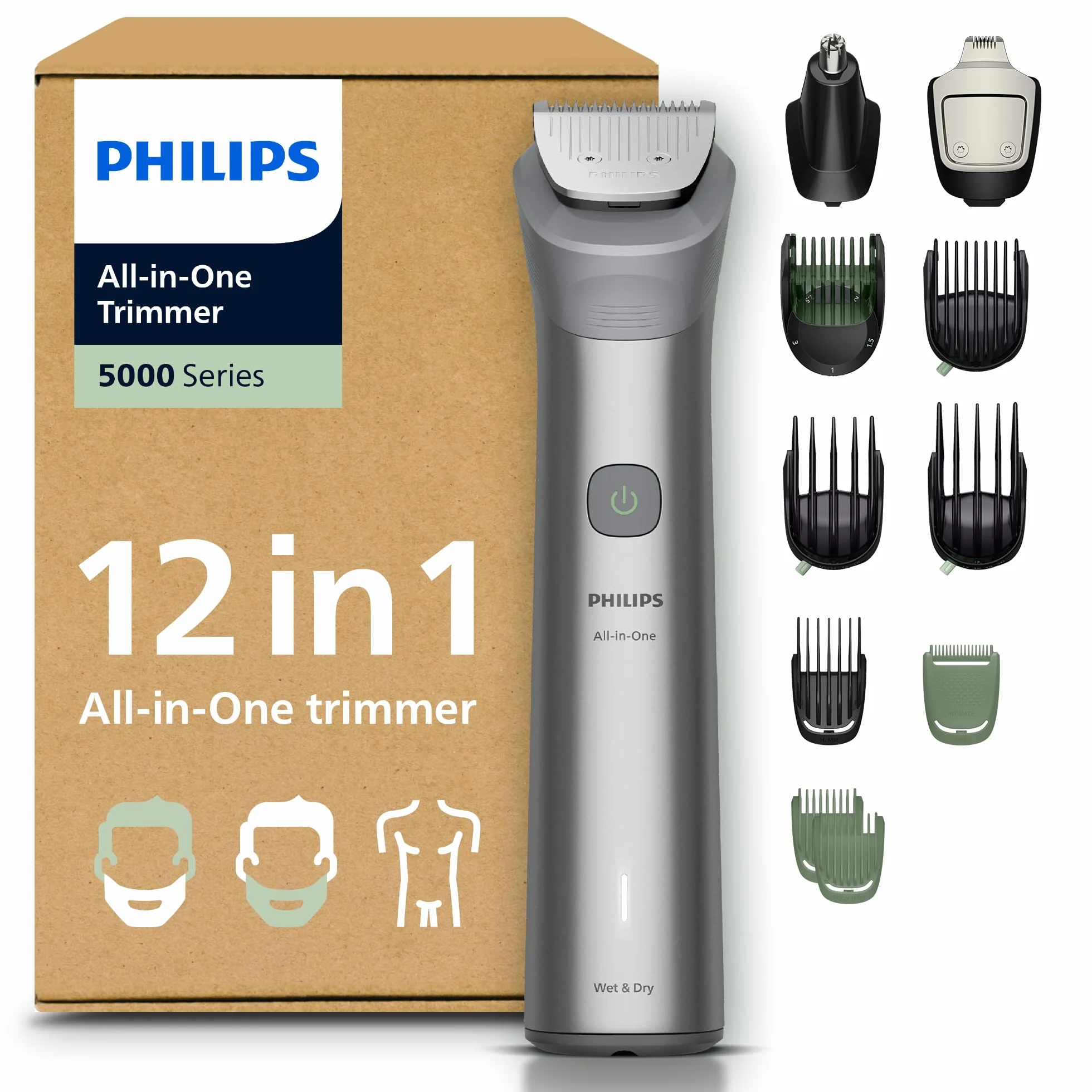 Philips Serie 5000 Multigroom 12w1 Rifinitore Barba Capelli Corpo Lame Metalliche 20 Impostazioni Lunghezza MG5952/30
