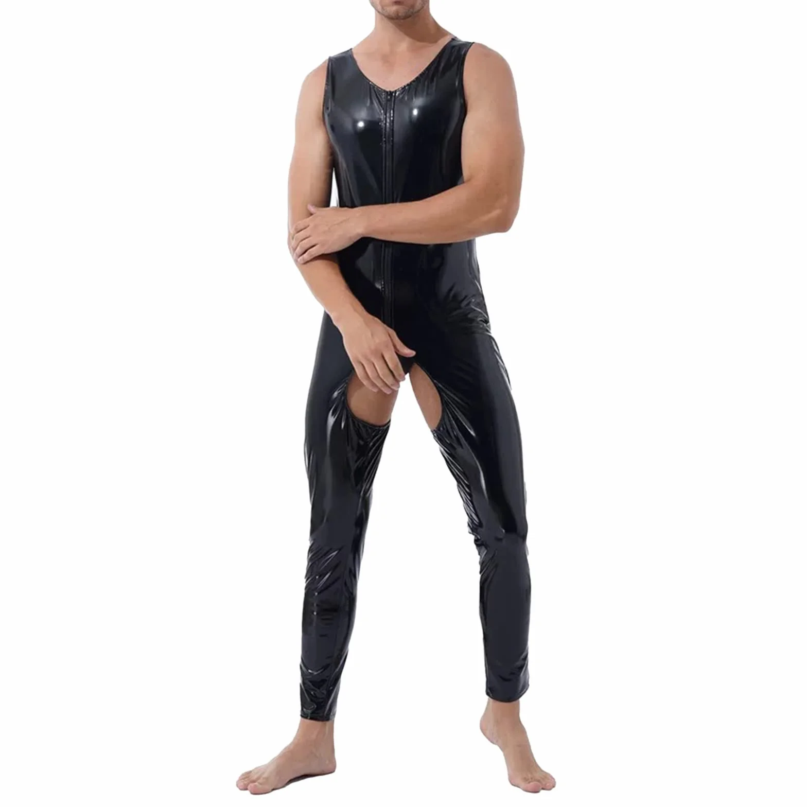 Lattice Catsuit Uomo Tuta Stile Bagnato Slim Fit Pelle Laccata Sexy Clubwear
