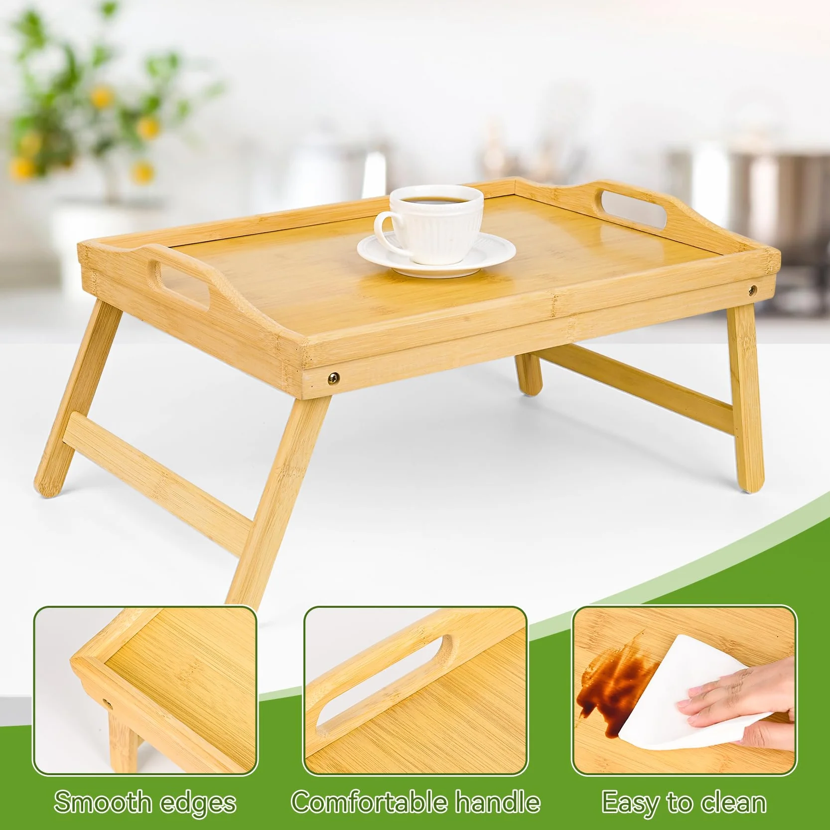 VASMIA Vassoio letto con gambe pieghevoli, per la prima colazione in bambù per mangiare, servire o usare come vassoio, scrivania portatile per laptop, vassoio per snack, Naturale