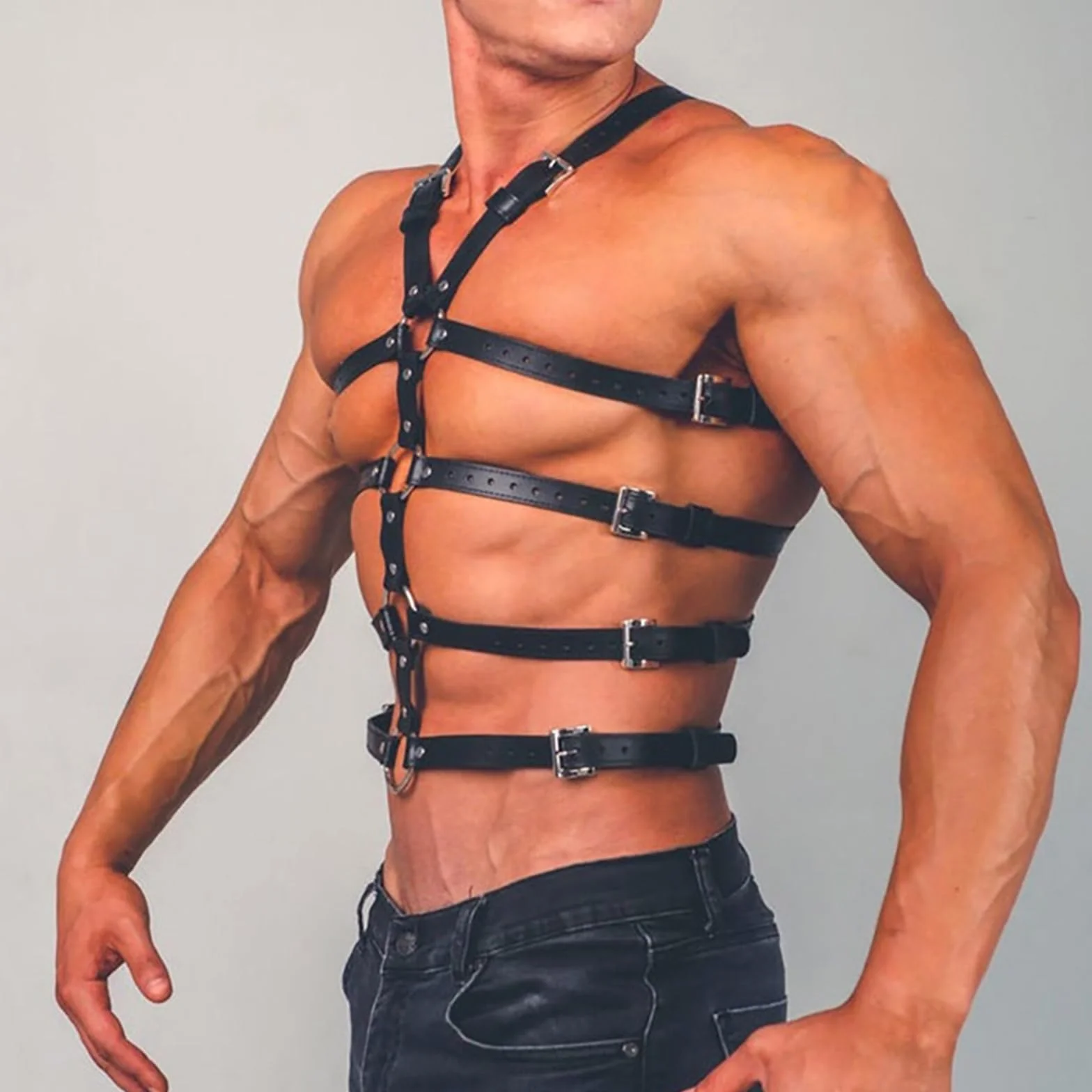 Imbracatura pettorale in pelle da uomo Bretelle Cintura punk regolabili nere con fibbia Clubwear
