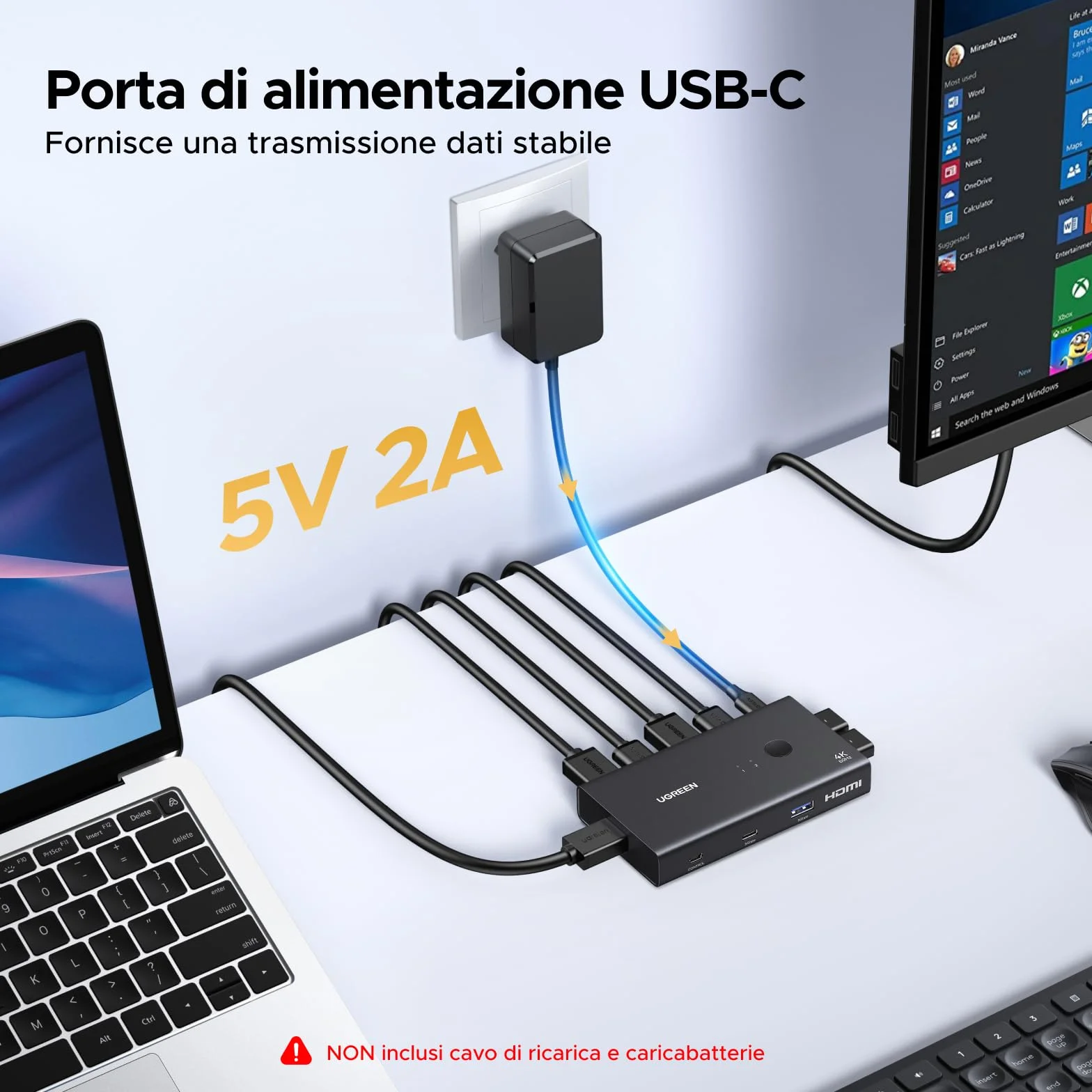 UGREEN Switch KVM HDMI 2.0 2 ingressi 1 uscite 4K 60Hz per 2 PC con 4 porte USB 3.0 5Gbps per tastiera, mouse, disco rigido, controller desktop compatibile con Windows, Linux, macOS
