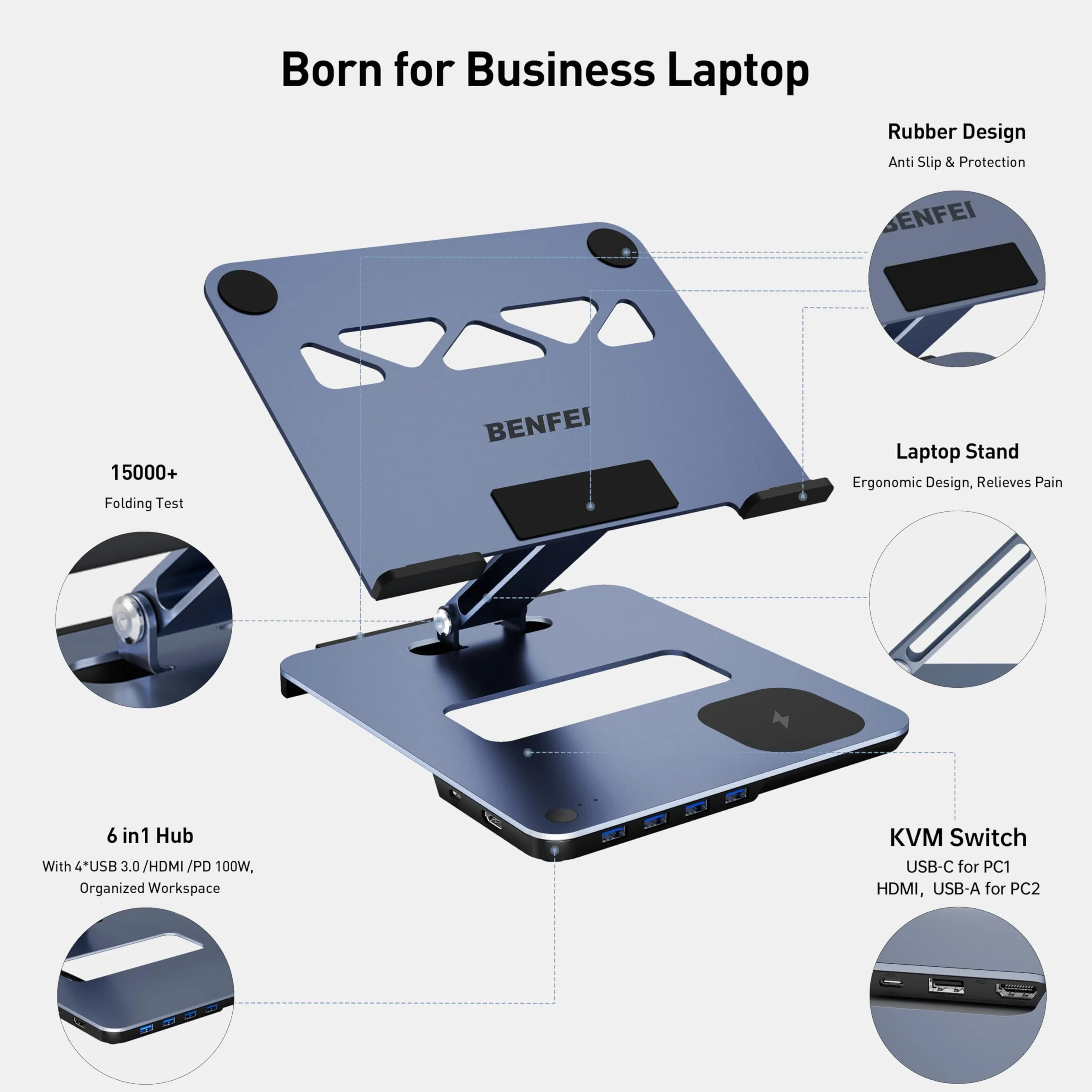 BENFEI Supporto per laptop con docking station USB C 6in1, caricatore wireless magnetico da 15 W, interruttore KVM USB 3.0, HDMI 4K@60Hz, 4*USB3.0, 100 PD W Compatibile con MacBook Pro/Air, iPad Pro