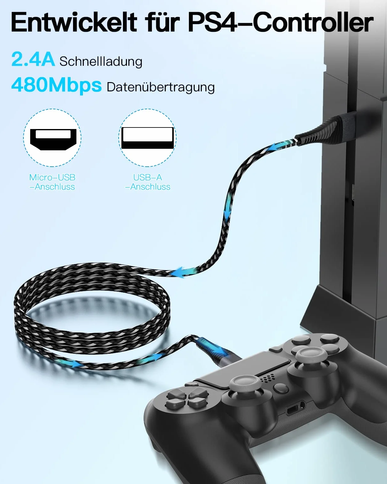 Cavo di ricarica per controller PS4, confezione da 2 pezzi, extra lungo 3 m, micro USB, con 2,4 A e 480 Mbps, compatibile con PS4, PS4 Slim, PS4 Pro, Xbox One, (vecchio) telefoni Android – Robusto e