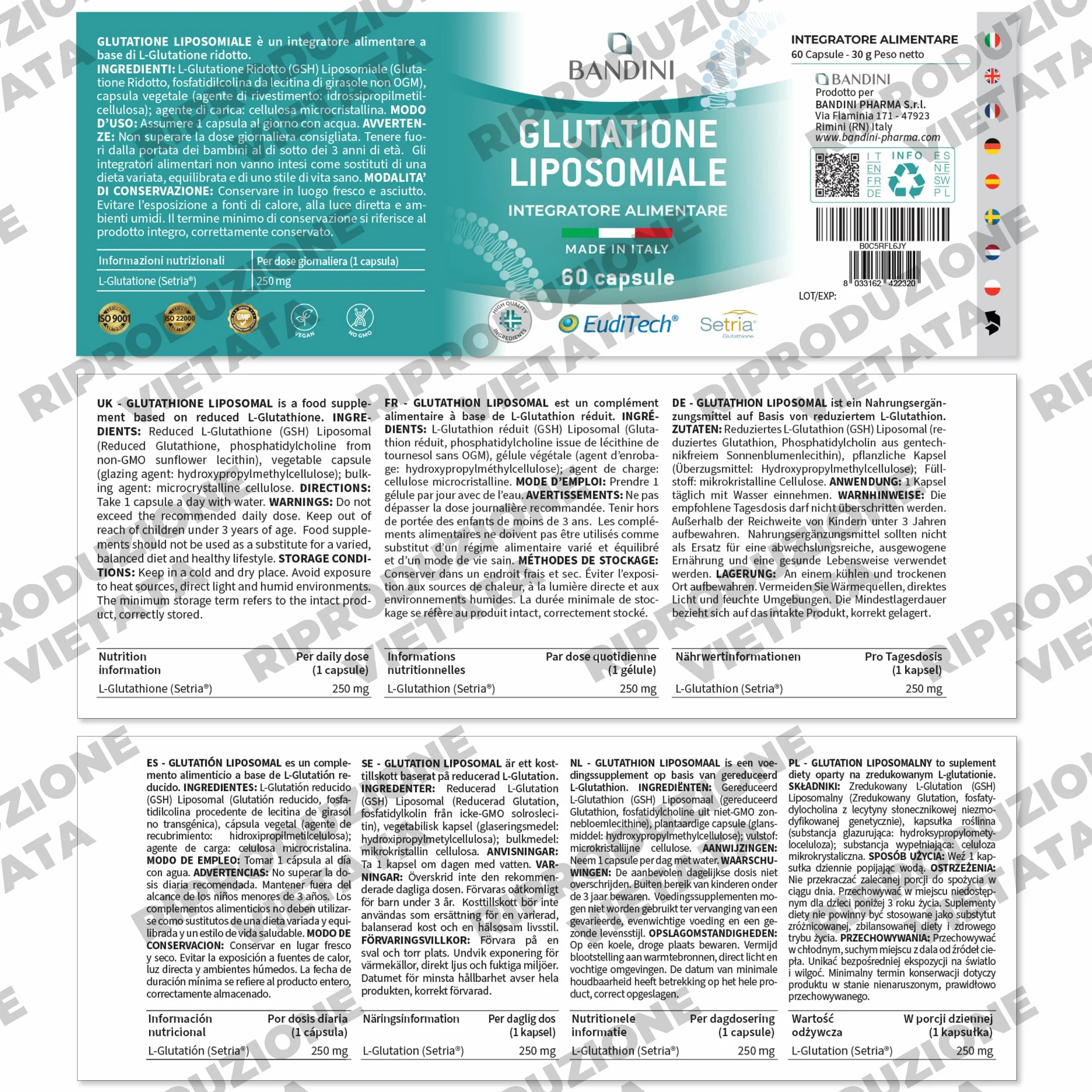 Bandini Glutatione Liposomiale 60 Capsule 250mg L-Glutatione Setria Ridotto Antiossidante Anti Invecchiamento
