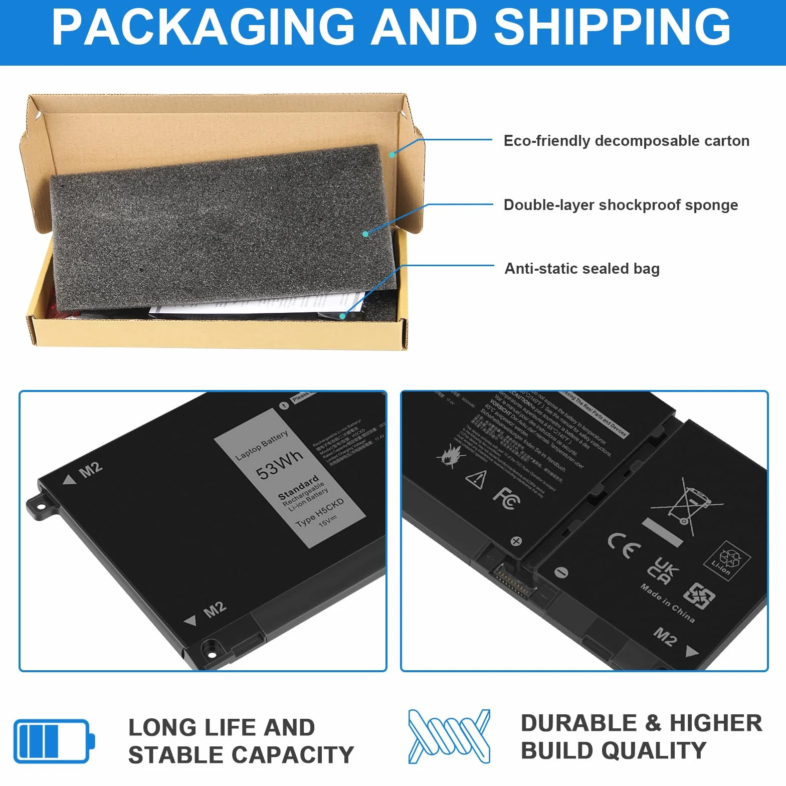 ASUNCELL 15V/53Wh H5CKD Batteria del computer portatile per Dell Latitude 3410 3510, Vostro 5300 5301 5401 5402 5501 5502, Inspiron 5300 5301 5401 5402 5408, Inspiron 5400 5406 7405 7300 7306