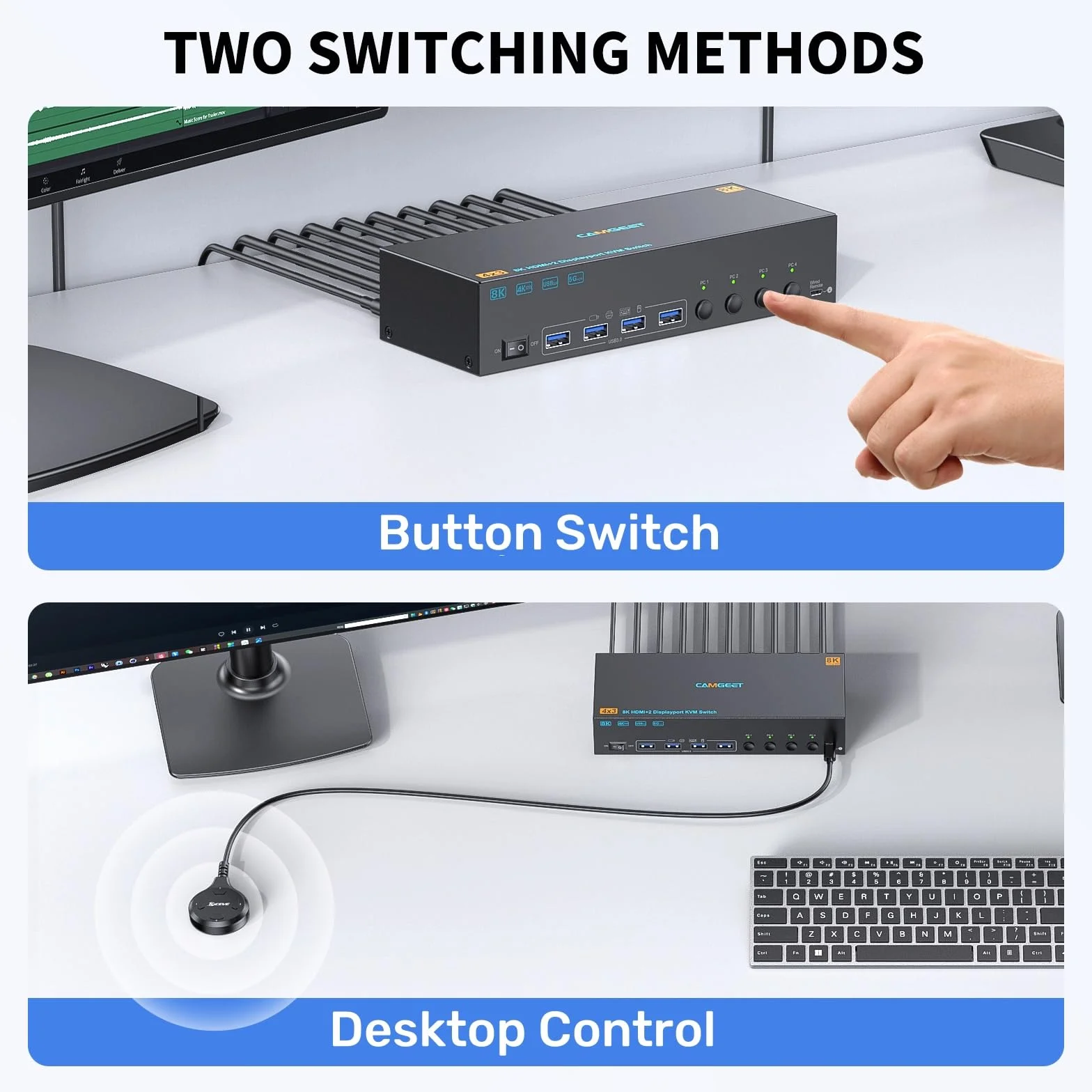 8K KVM Switch 4 PC 3 Monitor 4K @144Hz 8K@60Hz, HDMI 2.1+ 2 DisplayPort 1.4 KVM Switch 4 porte per 4 computer condividono 3 monitor e 4 dispositivi USB, doppio monitor kvm con Wired Remote e 4 cavi