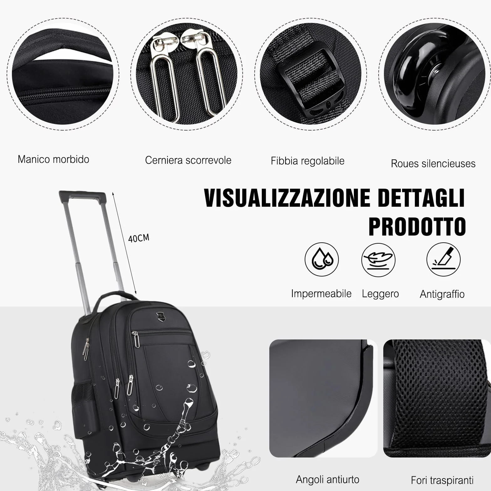 FANDARE 35L Trolley Zaino 2-in-1 per PC 15.6 pollici con Ruote, Borsa da Viaggio e Ufficio