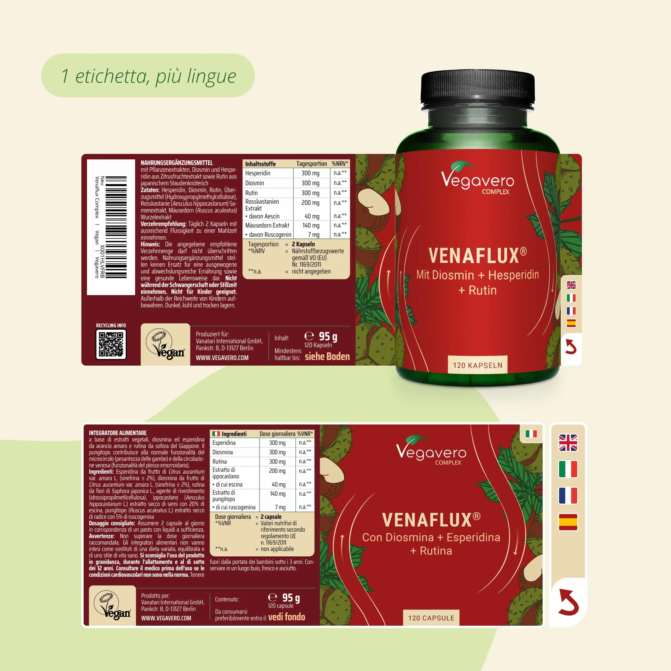 Vegavero Diosmina + Esperidina Alto Dosaggio 120 capsule Integratore Flavonoidi per Microcircolo Circolazione Gambe e Vene Varicose Vegan