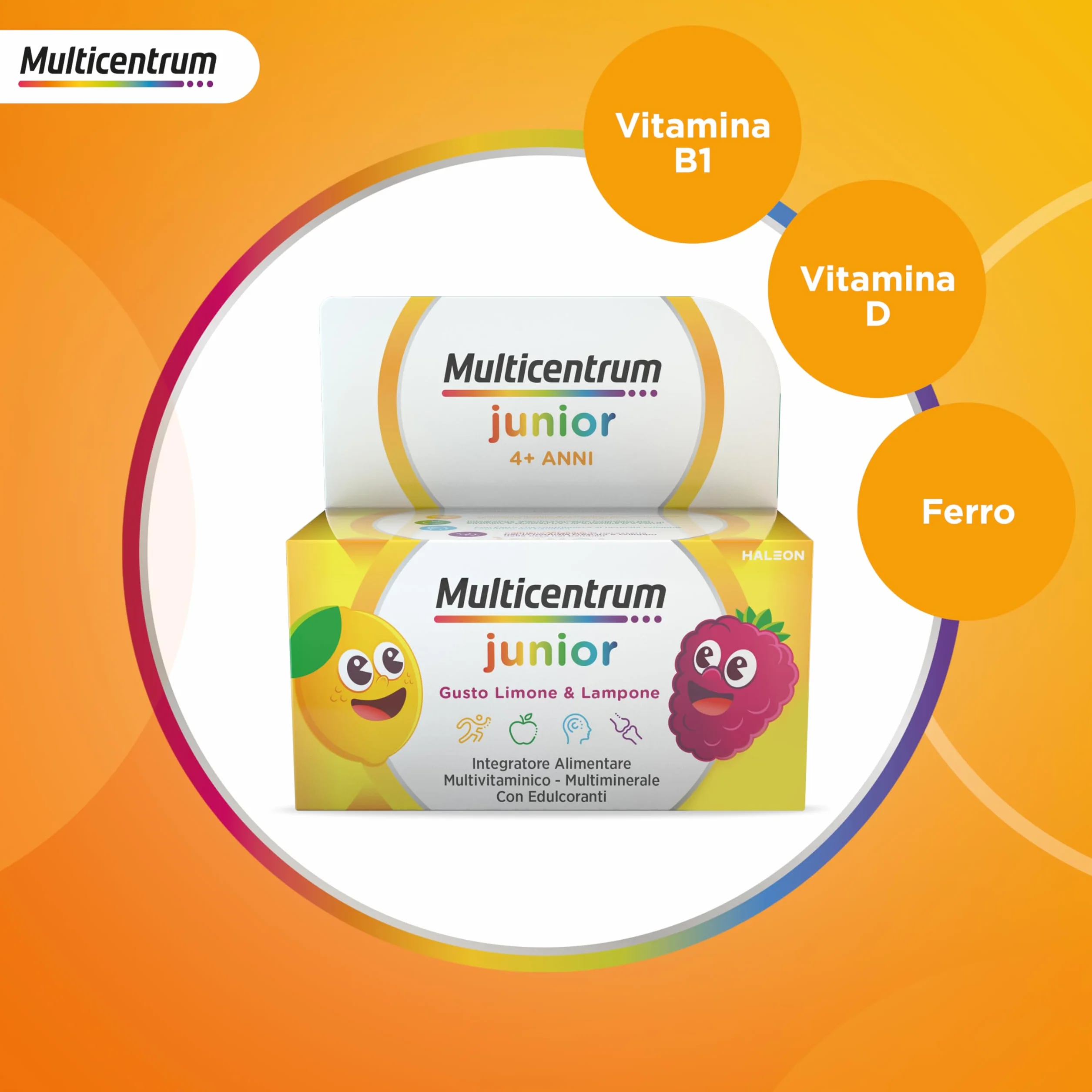 Multicentrum Junior Integratore Multivitaminico Completo 4+ Gusto Limone e Lampone 30 Compresse