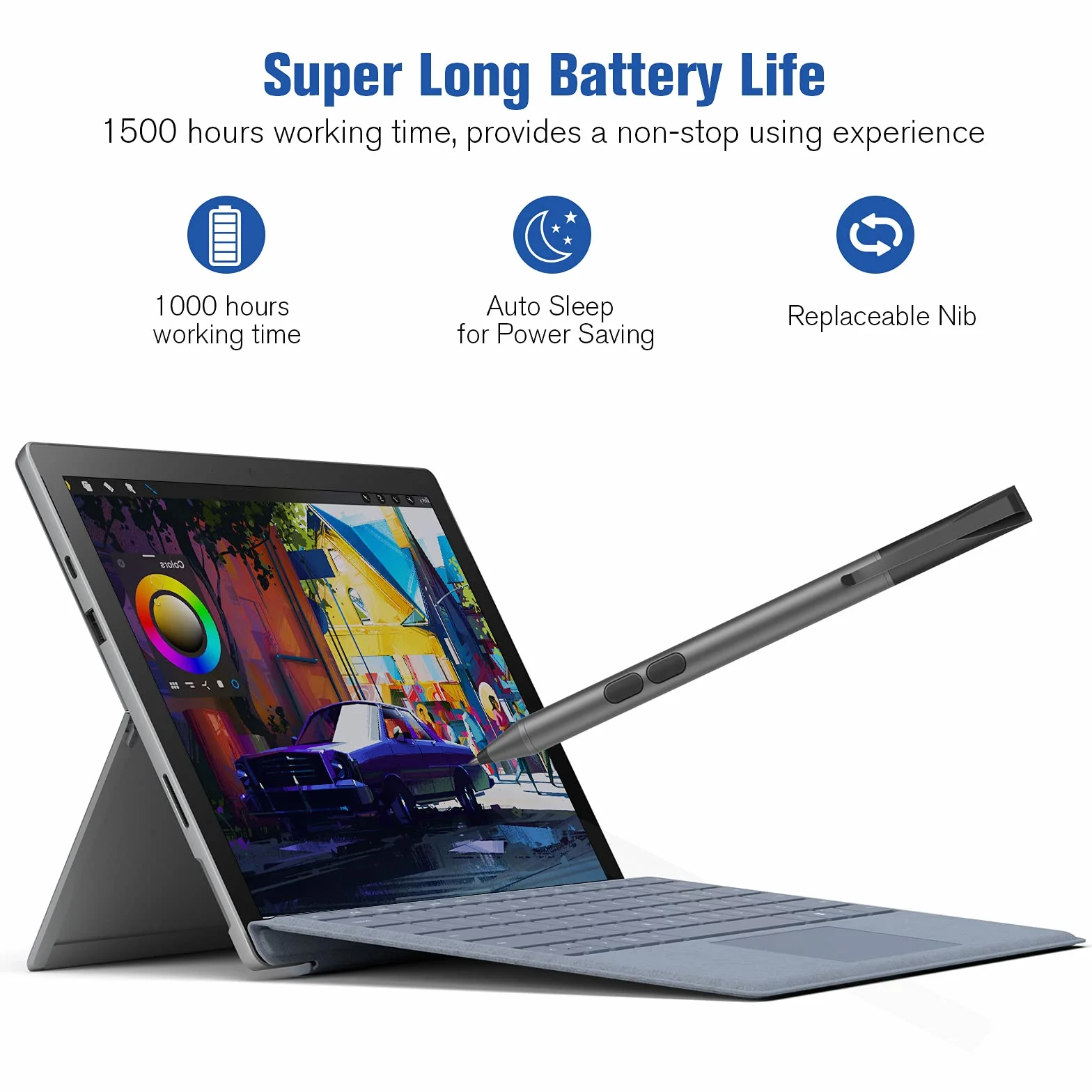 Penna per Surface, 2500 ore Battery Life Surface Pen per Microsoft Surface Pro 11 X/9/8/7/6/5/4/3, Surface Go/Book/Laptop/Studio/Duo 1/2/3/4, 1024 sensibilità alla pressione