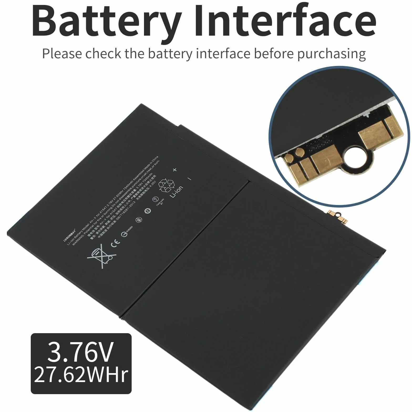 A1547 Batteria di ricambio ai polimeri di litio compatibile con Apple iPad 6 iPad Air 2 iPad Air 2 WiFi A1547 A1566 A1567 MGKL2LL/A MGL12LL/A 3,76V 27,62Wh/7340mAh