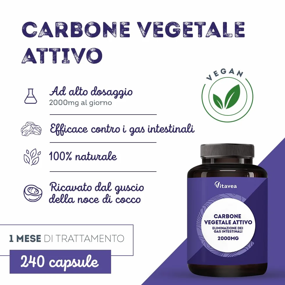 Carbone Vegetale Attivo 2000 mg 240 Capsule Vegetali Detox Naturale Pancia Gonfia