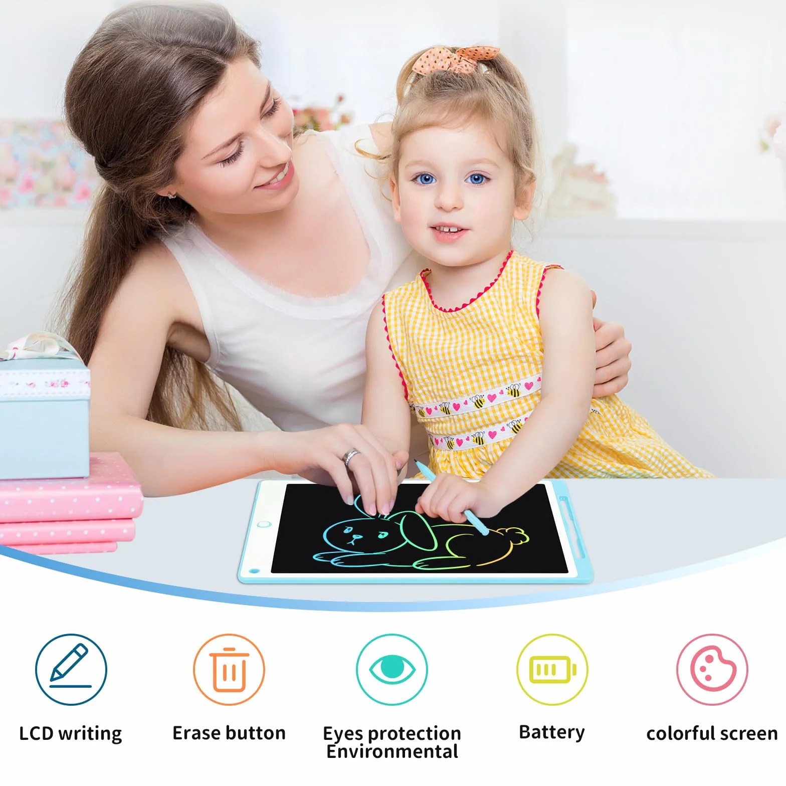 Tavoletta Grafica LCD 13 Pollici per Bambini con Schermo, Pulsante Elimina e Blocco, Blu