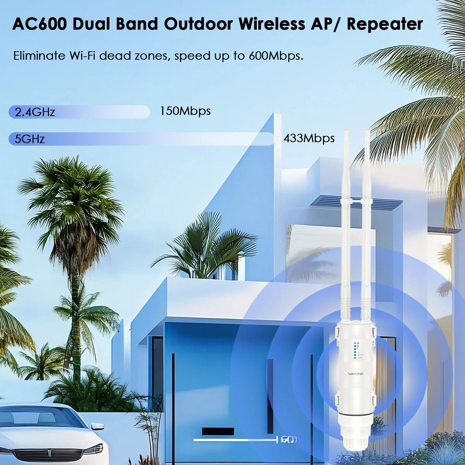 WAVLINK AC600 Outdoor Access Point, router WiFi dual band a grande raggio 2,4 GHz 150 Mbps + 5 GHz 433 Mbit/s, 2 x 7 dBi Omni, PoE passivo e attivo, supporta Fit/Fat AP