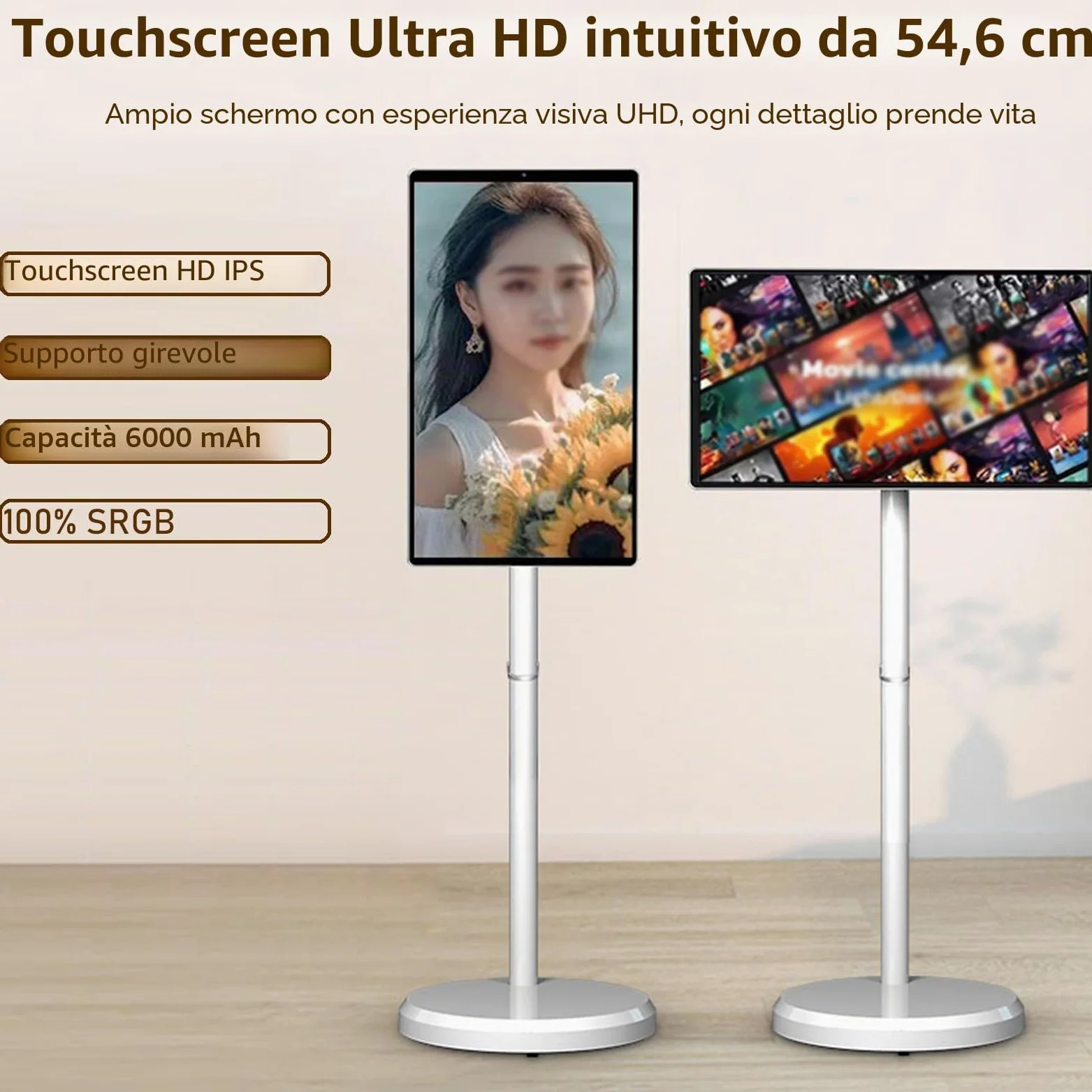 Smart TV Portatile Touch Screen da 21,5 Pollici, TV Mobile su Ruote con Sist-ema Operativo Android, 4 GB + 64 GB di Memoria, Batteria Integrata da 6000 mAh White-4+64G