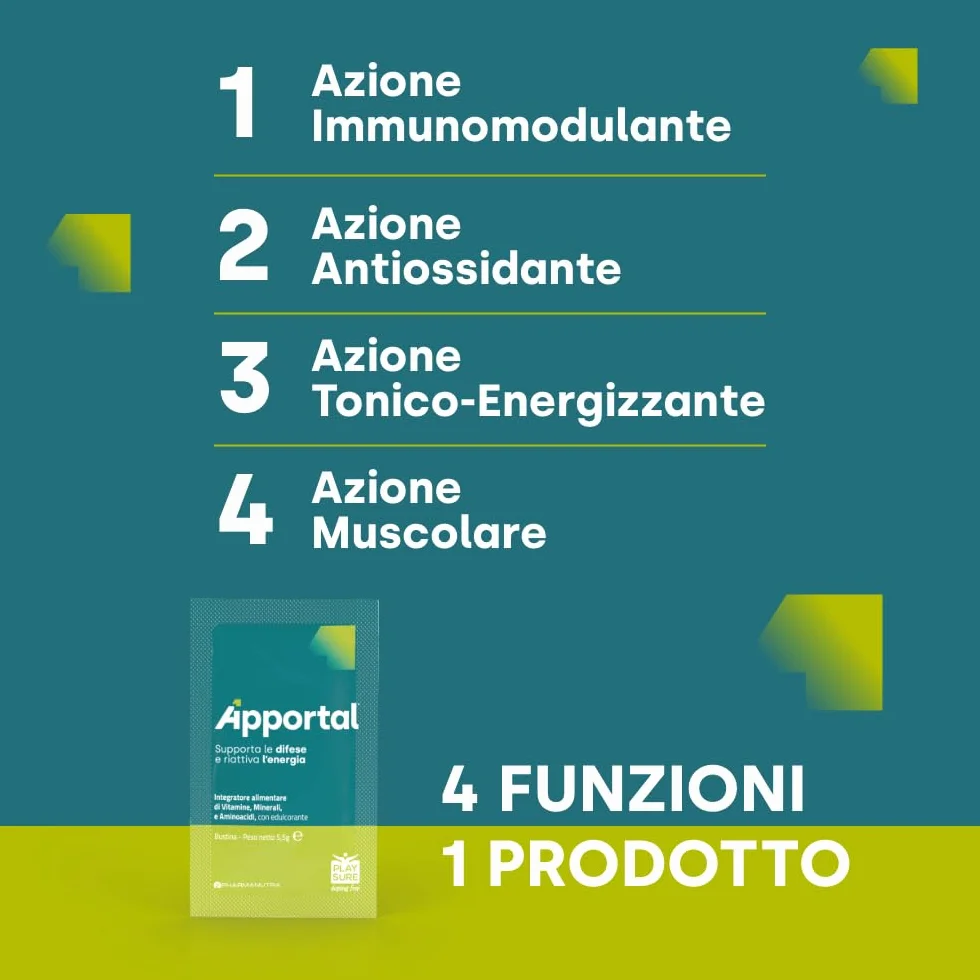 Apportal® Integratore Alimentare Tonico Energizzante 4 in 1 Ferro e Magnesio Sucrosomiale® Vitamina C 19 Nutrienti 14+14 Bustine Recupero Fisico Mentale