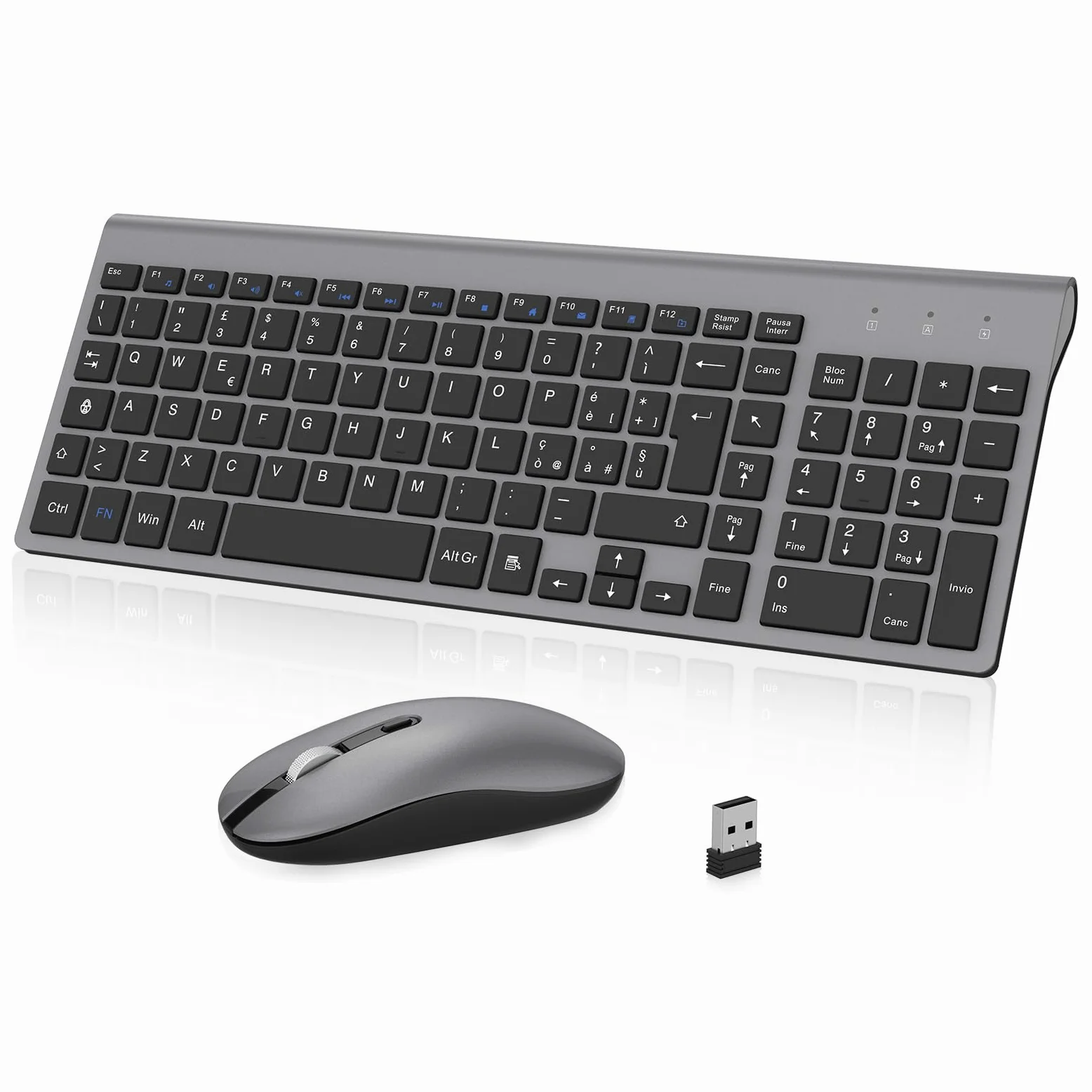 cimetech Tastiera e Mouse Wireless, Layout Italiano QWERTY, Ultra-Sottile Ergonomico Full-Size 2.4Ghz Wireless Mouse Tastiera Numerico con Ricevitore Nano per PC/Laptop/Win7/8/10（grigio）