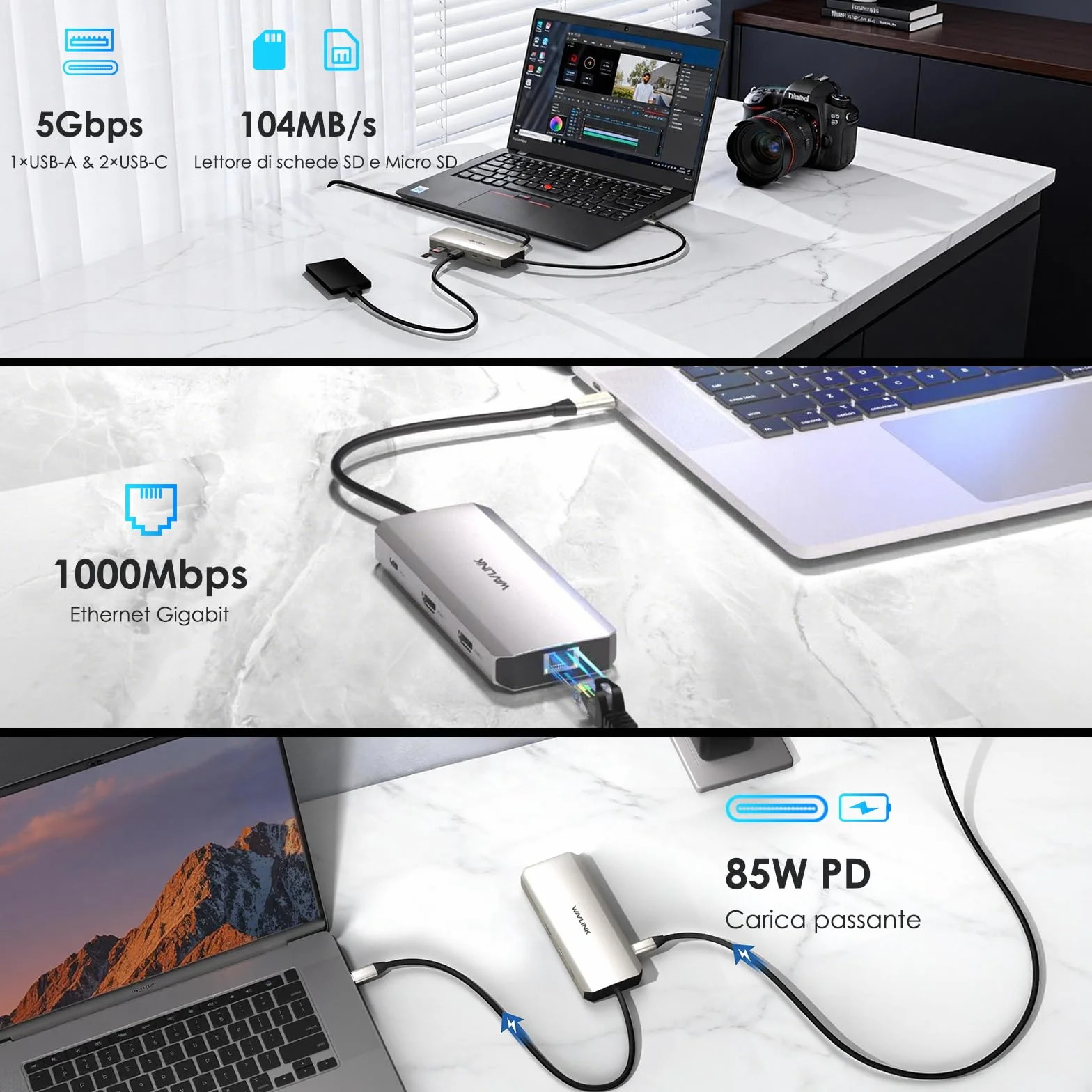 Docking station USB C WAVLINK 10 in 1 per laptop, doppio HDMI 4K@60Hz, USB A/C 3.0, lettore SD/TF, ingresso PD da 100W, Ethernet Gigabit, porta audio, compatibile con Dell, HP e Lenovo