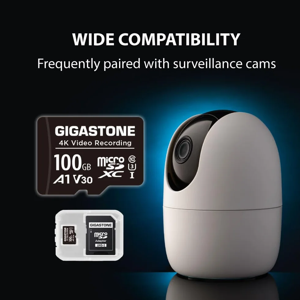 GIGASTONE Scheda Micro SD da 100 GB, registrazione video A1 V30 4K, compatibile con telecamera di sicurezza, Dash Cam, Drone, scheda di memoria MicroSDXC da 100 MB/s UHS-I, con adattatore