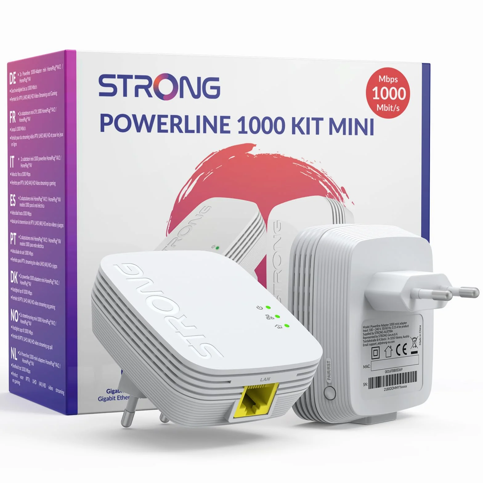 STRONG AV1000Mbps Kit Powerline, Ripetitore Powerline Ethernet HomePlug AV2, Plug & Play con Tasto Pair, Porte Gigabit, Modalità Risparmio Energetico, Design Compatto