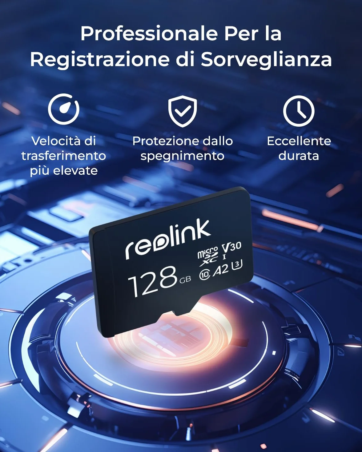 Reolink 128 GB Scheda di Memoria MicroSDXC, Classe 10, Scheda di Memoria A2 U3 TF, Compatibile con Telecamera di Sicurezza Reolink