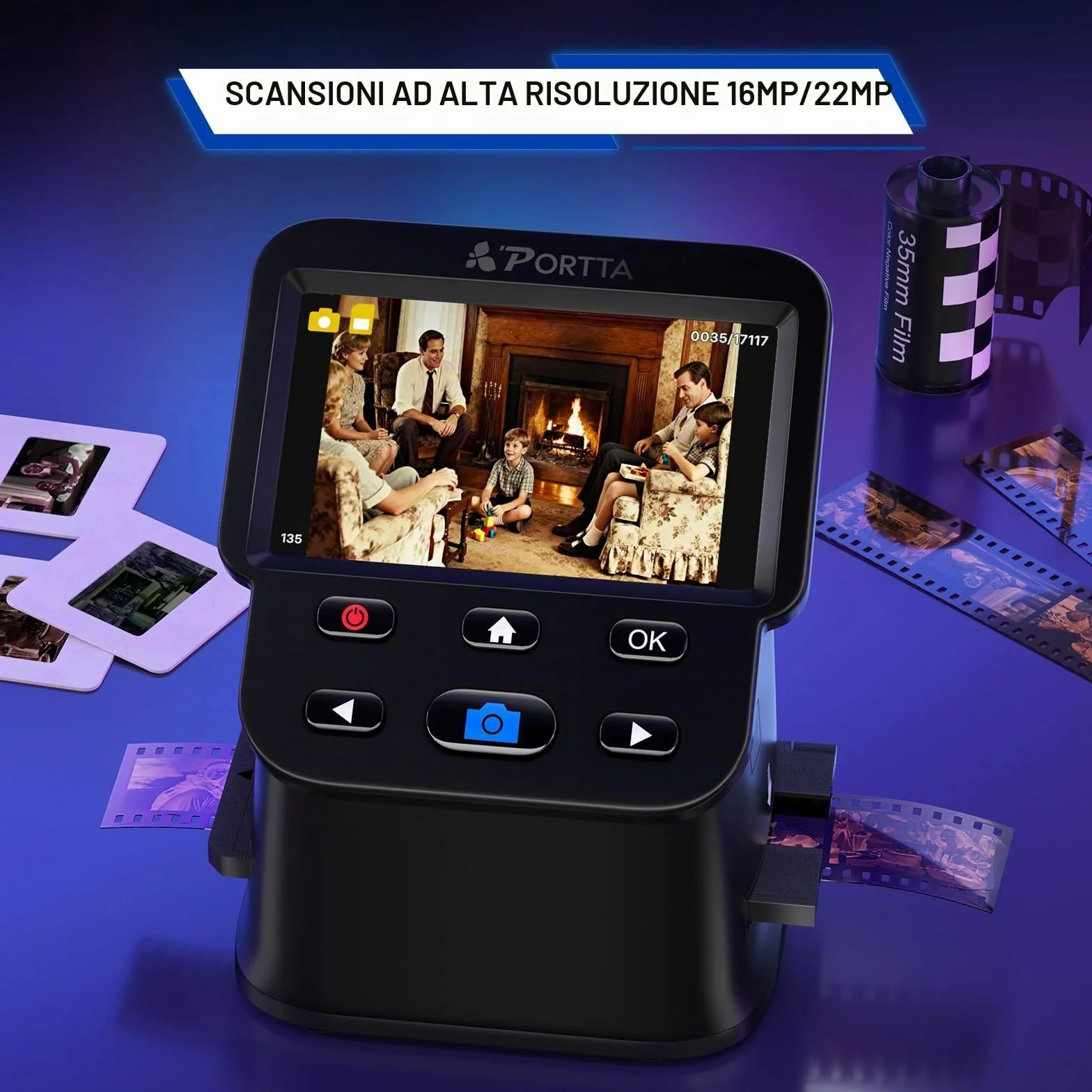 PORTTA Film Scanner 5" LCD Screen 22MP Slide Negative Scanner 135 126 110 Film Digital Converter HDMI SD Card