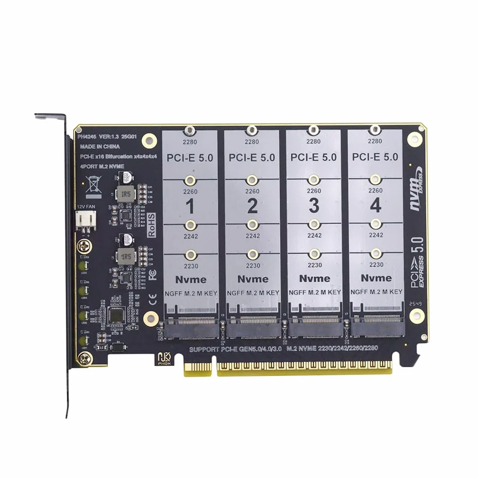 xiwai Adattatore SSD NGFF 4X NVME M-Key M.2 per scheda Raid PCIE Express 5.0 Gen5 Gen4 X16 con biforcazione staccabile VROC Raid0 Hyper