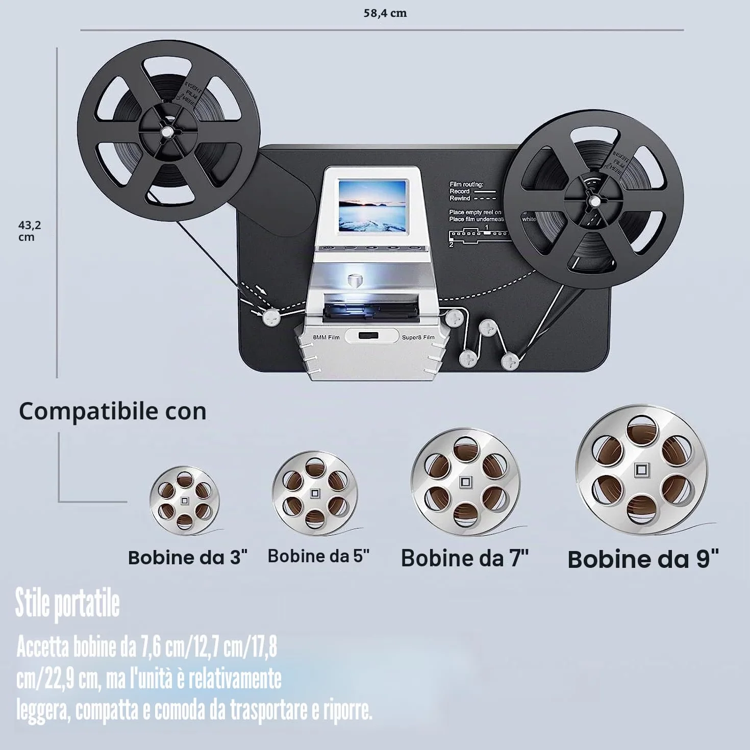 Scanner Pellicole Super 8/Normal 8mm,Convert Film into Digital Video(3", 5",7"e 9"Rotolo di Pellicola) Scanner e Digitalizzatore di Film con LCD da 2,4",1080P e Scheda SD da 32 GB