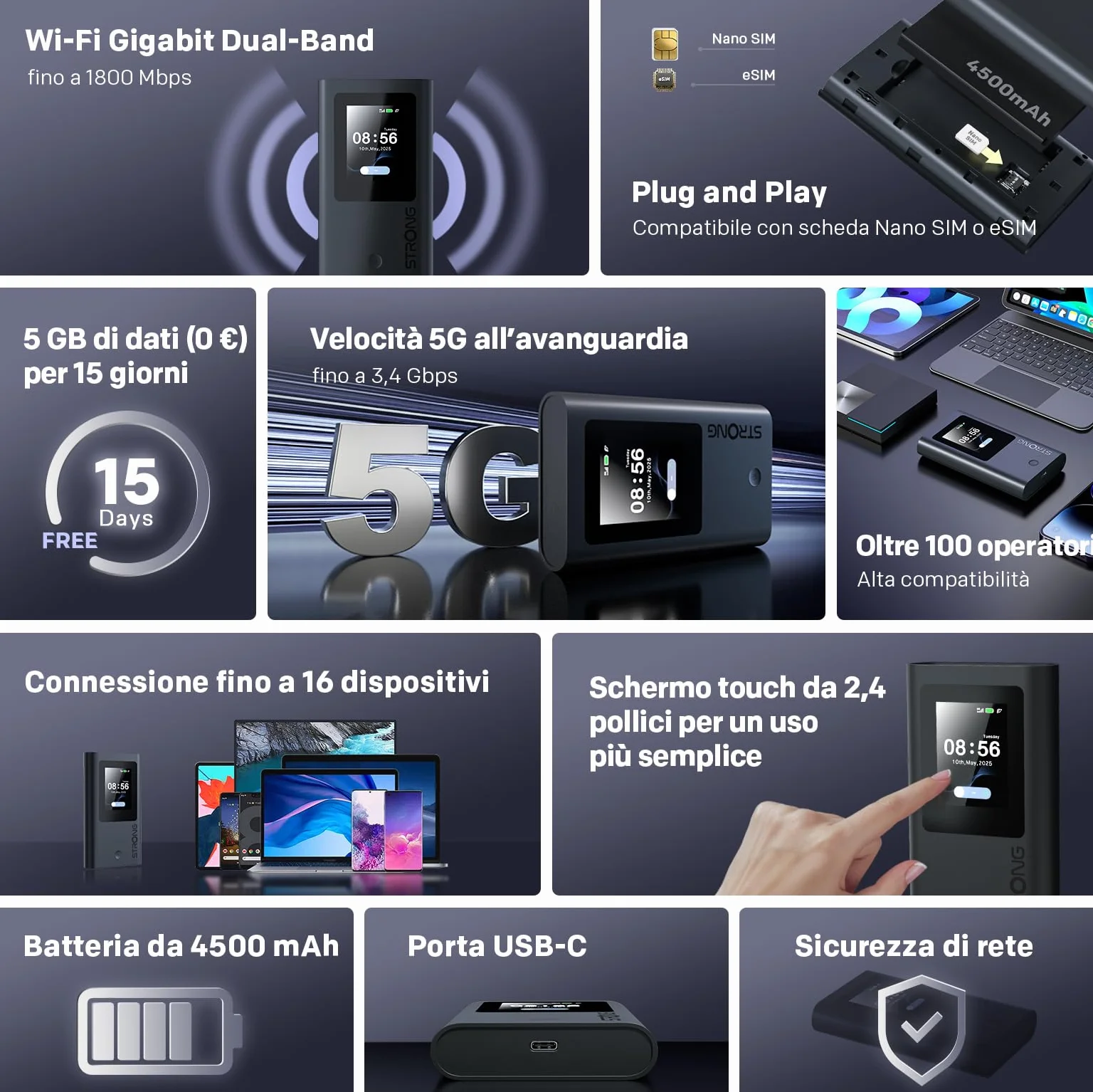 STRONG 5G+ HOPI Saponetta WiFi Portatile 5G, WiFi 6 AX1800, Hotspot Wi-Fi Tascabile con eSIM e 5GB di Dati, Velocità fino a 3,4Gbps, Batteria 4500mAh, Porta USB-C, Funzione Power Bank