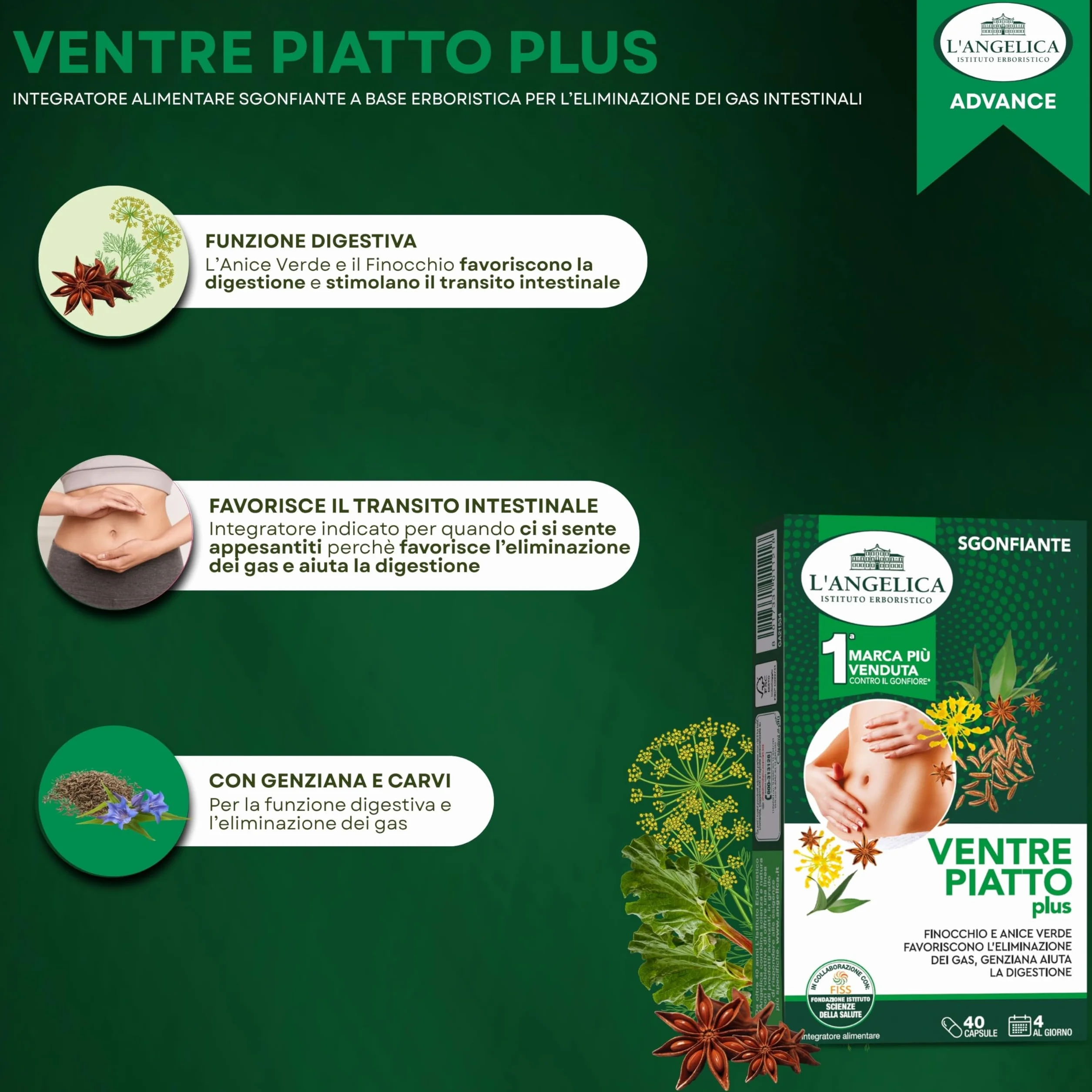 L'Angelica Ventre Piatto Plus Integratore Sgonfiante Anice Verde Finocchio Carvi Vegano 40 Capsule