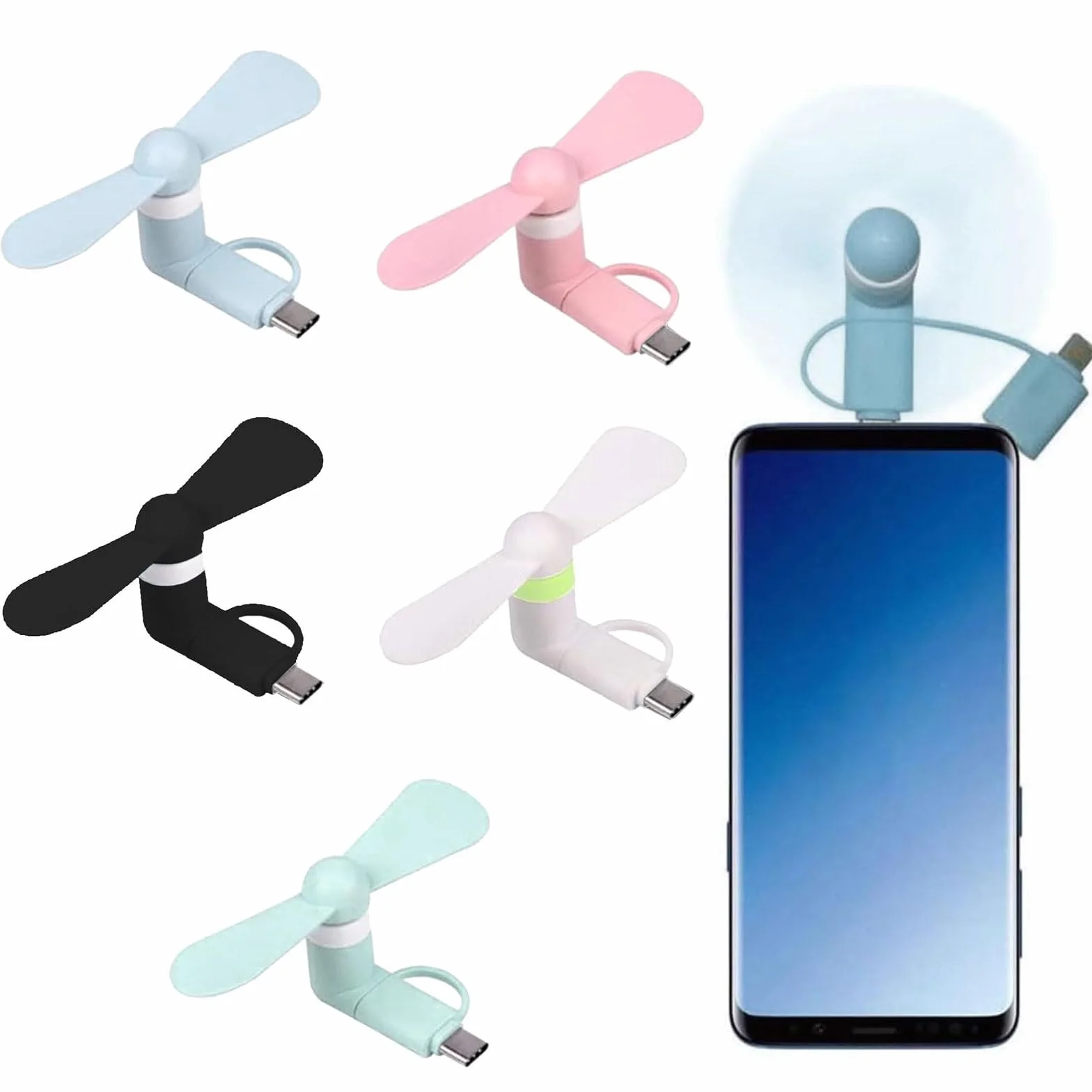 KARELLS 5 Pezzi Ventilatore Portatile 2 In 1, Ventilatore Per Cellulare, Ventole per Cellulare, per Casa, Viaggi, Ufficio, Mini Ventola, per USB Di Tipo C/Porta Lightning