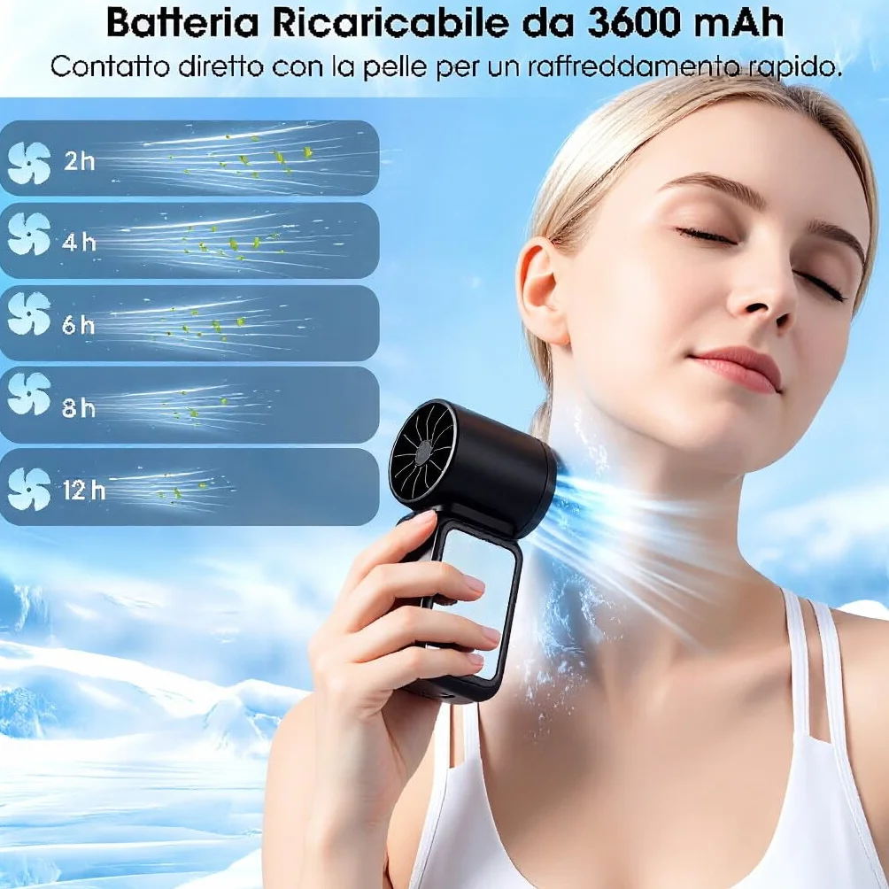 Mini Ventilatore Portatile USB Ricaricabile con Raffreddamento a Ghiaccio & 199 Velocità, Ventilatori Portatili LED - 3600mAh, Potente Ventilatore a Mano 17000 RPM, per Viso, Viaggio, Esterno (Nero)