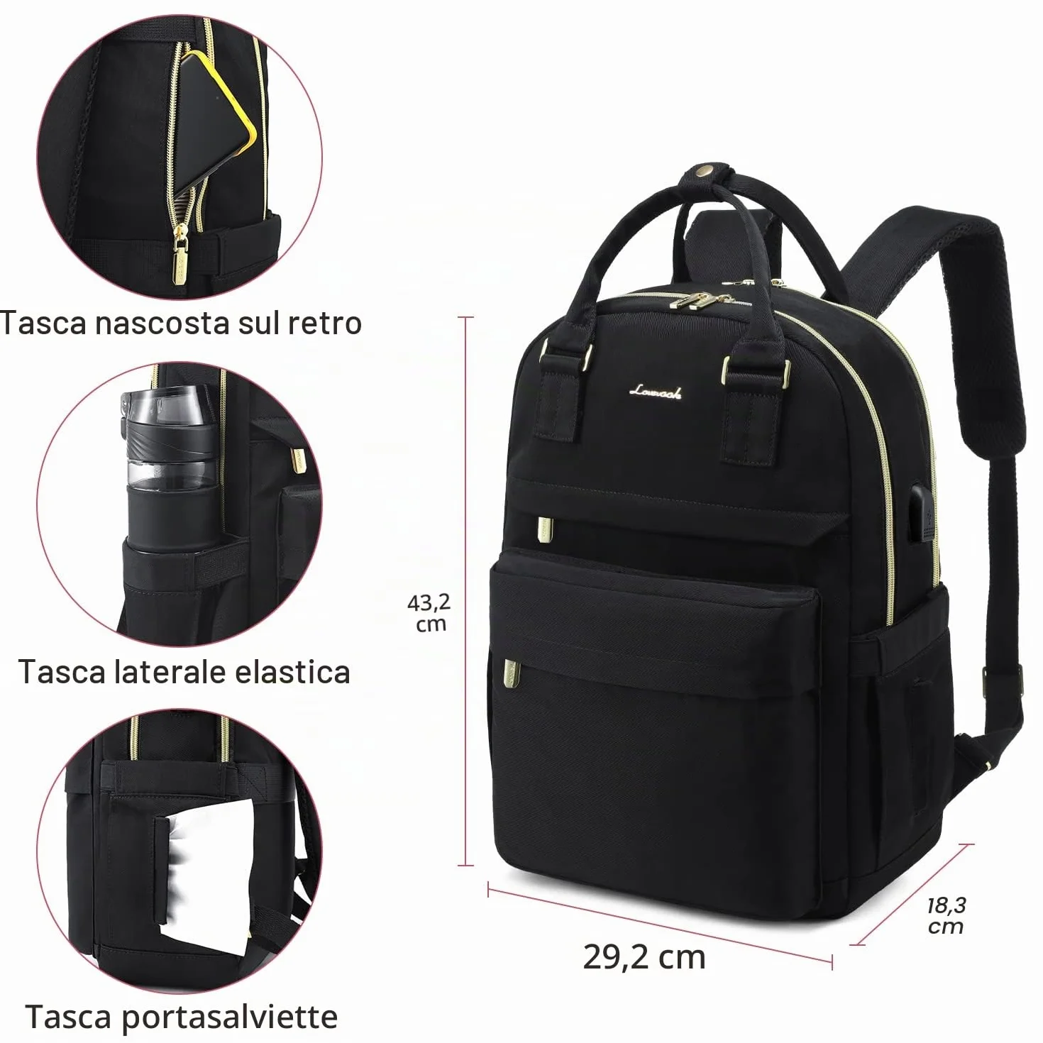 LOVEVOOK Zaino Porta PC Donna, 15,6 Pollici Impermeabile Computer Backpack Antifurto con Porta USB e Scomparto per Laptop per Scuola Università Viaggi Lavoro Aereo Ufficio, Nero