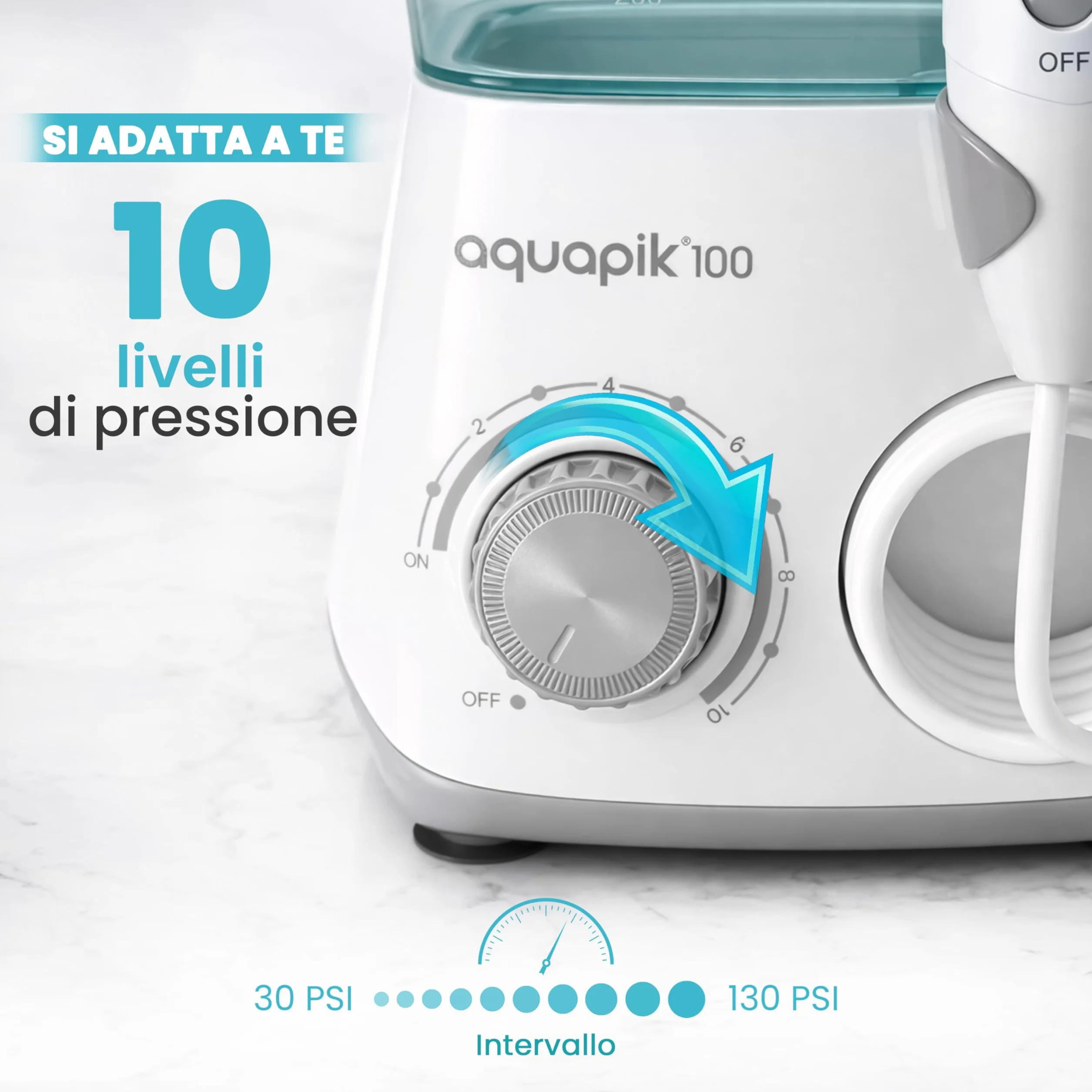 Aquapik 100 Idropulsore Dentale Professionale Irrigatore Orale 8 Ugelli Multifunzione 10 Impostazioni Pressione Serbatoio 600 ml Pulizia Interdentale Bianco