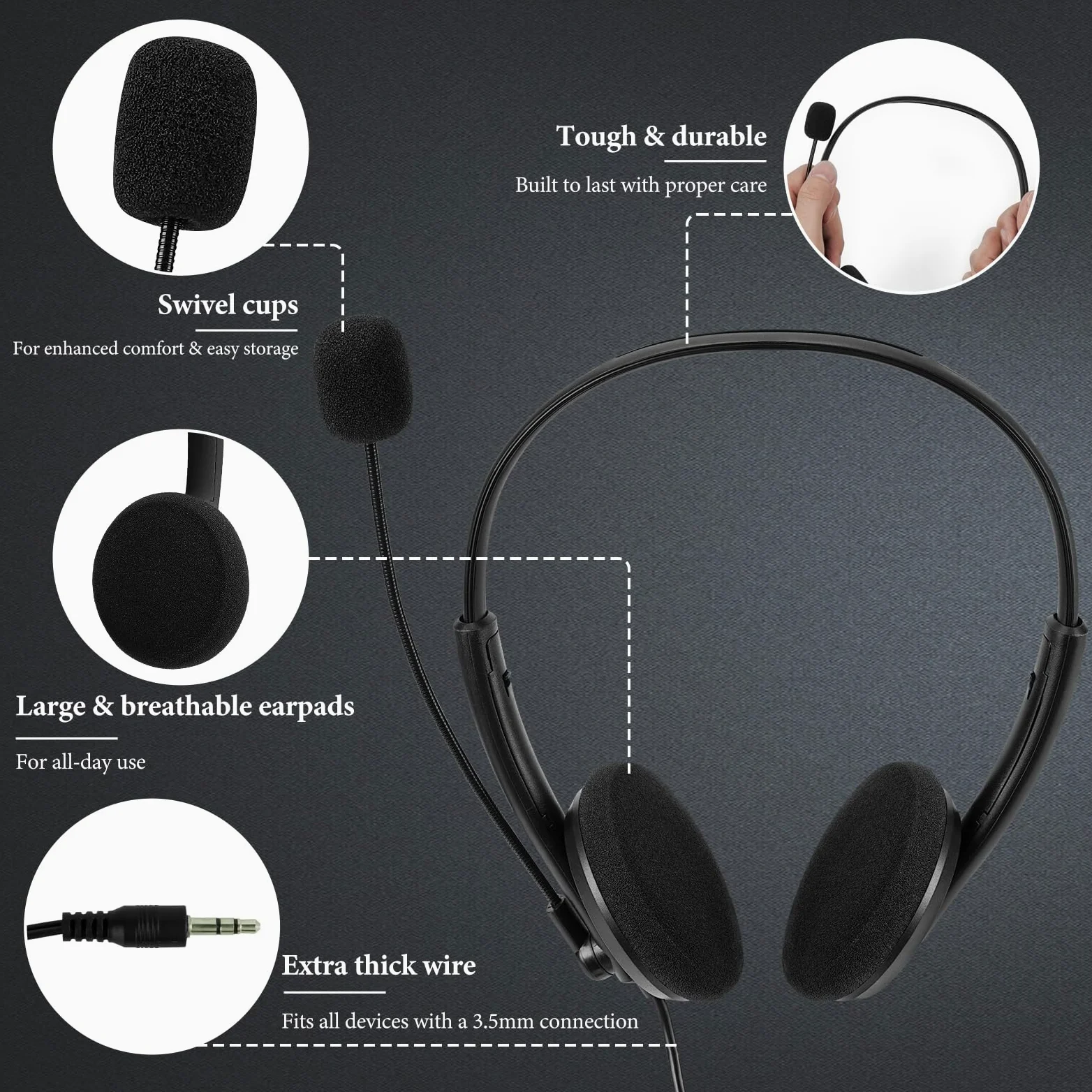 Geekria Cuffie USB con microfono, pulsante mute e controllo del volume, cuffie leggere con cavo per computer, cuffie on-ear con microfono ad asta e spina staccabile da 3,5 mm, confezione da 3, colori