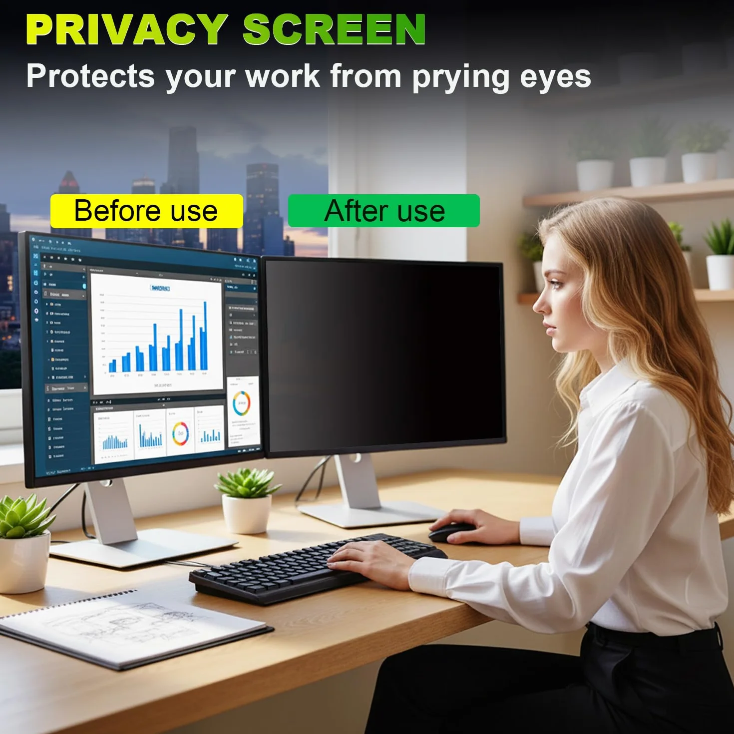 2 Pièces Pellicola Privacy 27 Pollici 16:9 (59.7x33.6cm) Monitor - Filtro Privacy Schermo Luce Blu & Anti-Riflesso, Rimovibile | Filtro privacy per schermi PC piatti e curvi