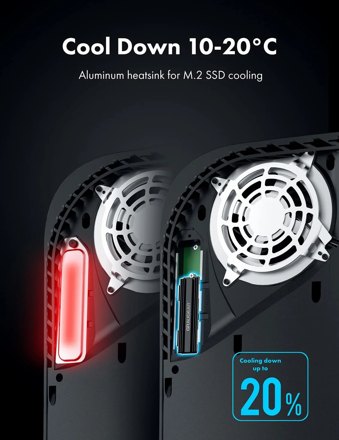 GRAUGEAR Dissipatore di calore per SSD M.2 NVMe (2280), passivo, kit di raffreddamento M.2, adatto per PlayStation®5 e PS5 Slim, 2 cuscinetti termici in silicone, alluminio