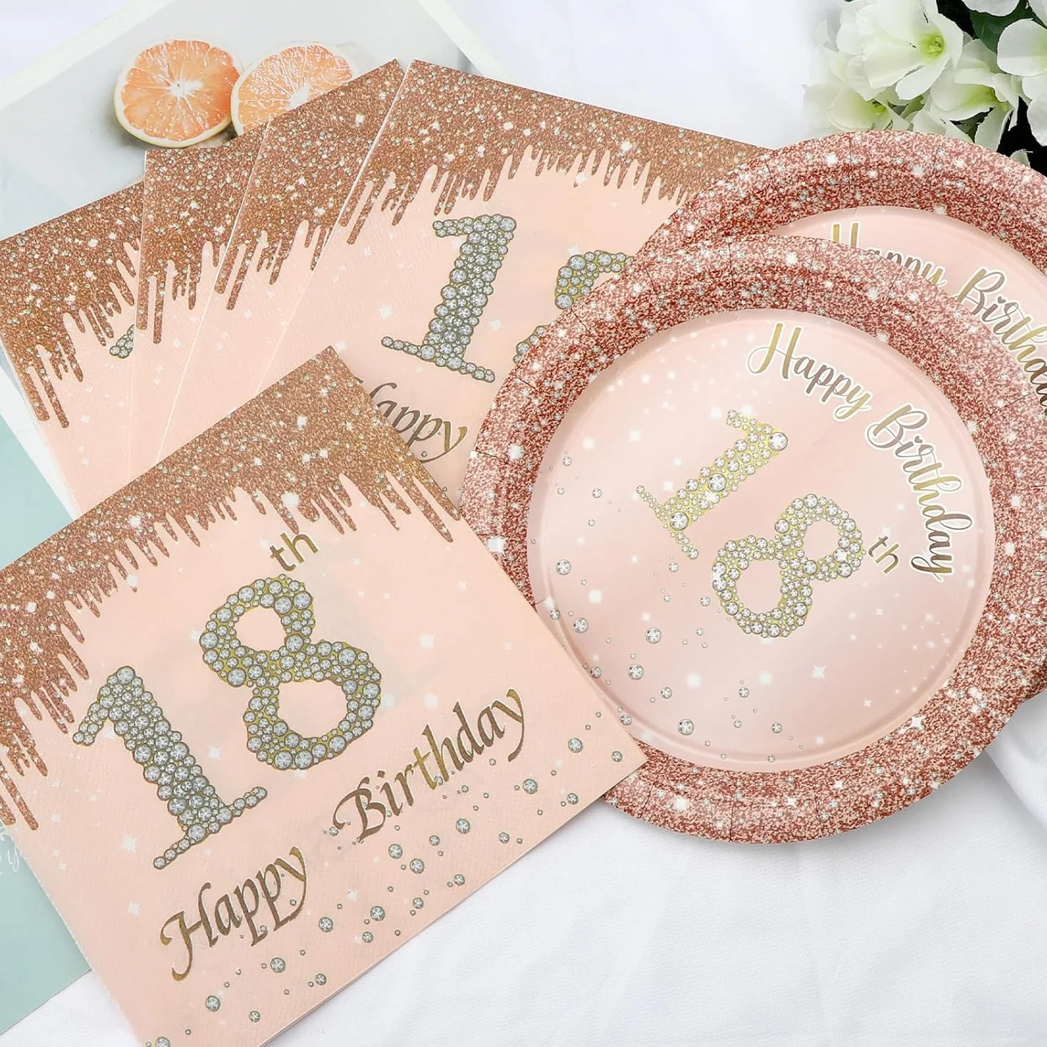 Decorazione 18° Compleanno, 16 Piatti di Carta 18 cm e 20 Tovaglioli 16,5 cm Rosa