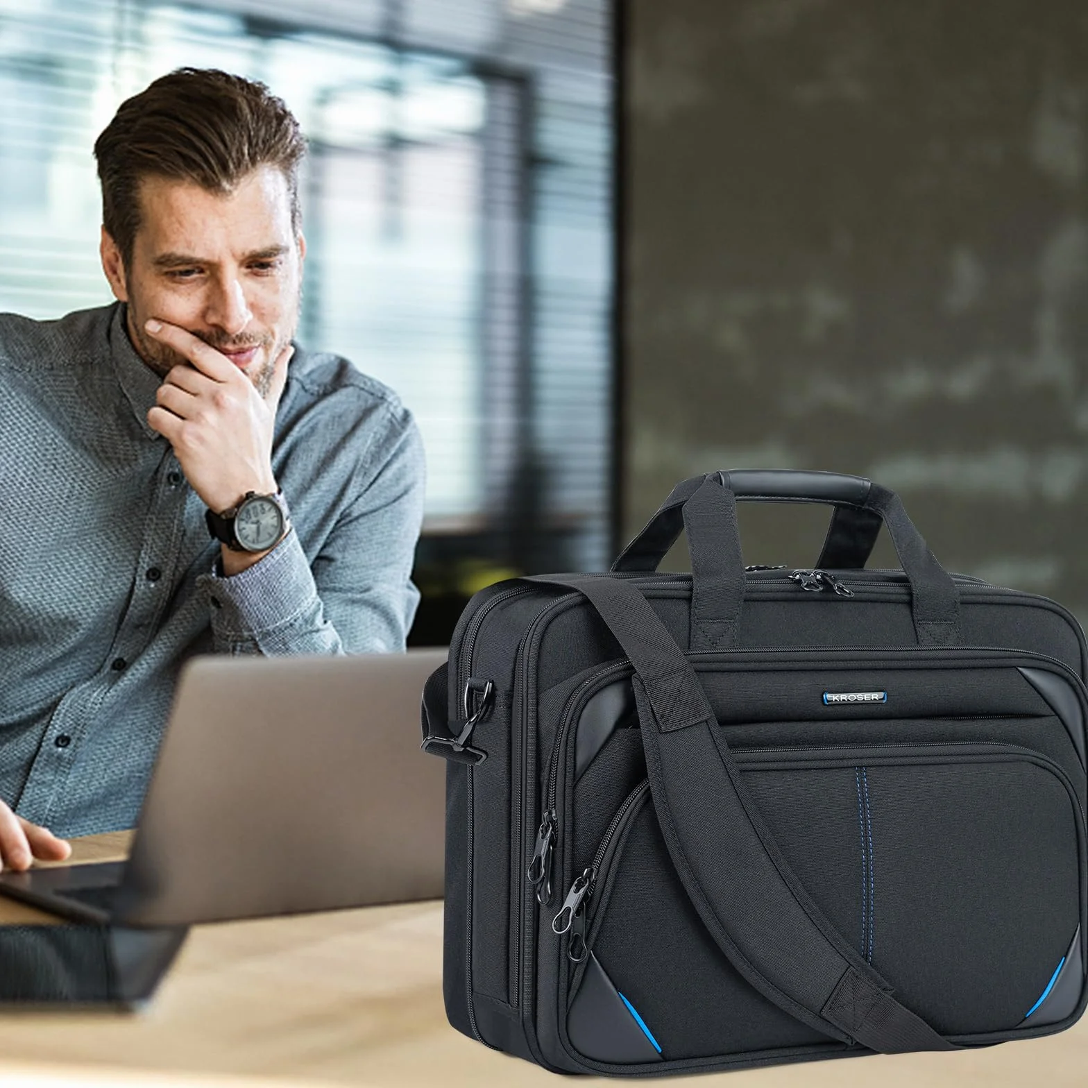 KROSER Borsa per computer portatile da 17,3 pollici, borsa a tracolla espandibile per computer portatile resistente