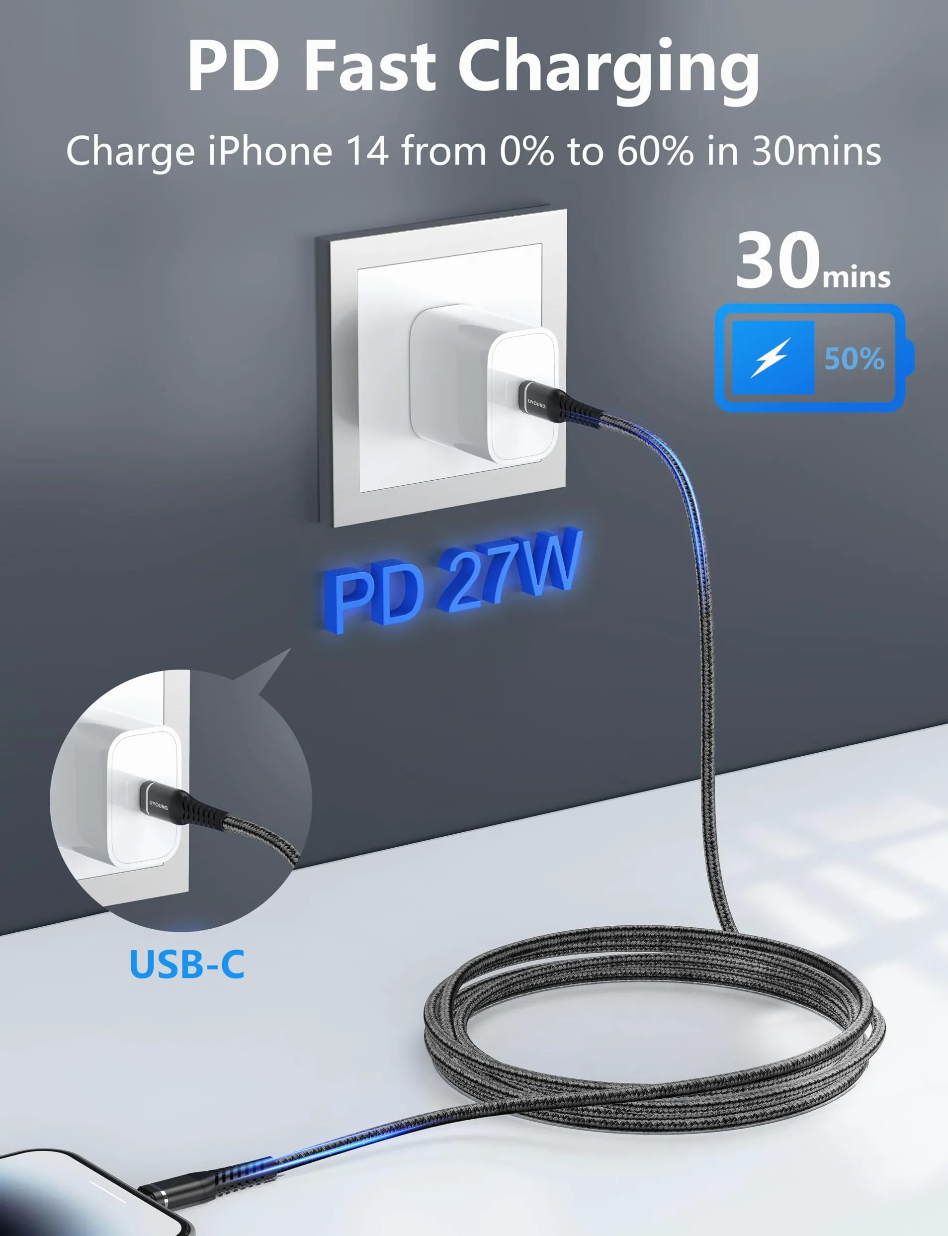 Cavo di ricarica da USB C a Lightning intrecciato per iPhone 14, 13, 12, 11, 8, 7, 6, SE, XR, XS X, iPad, colore: nero
