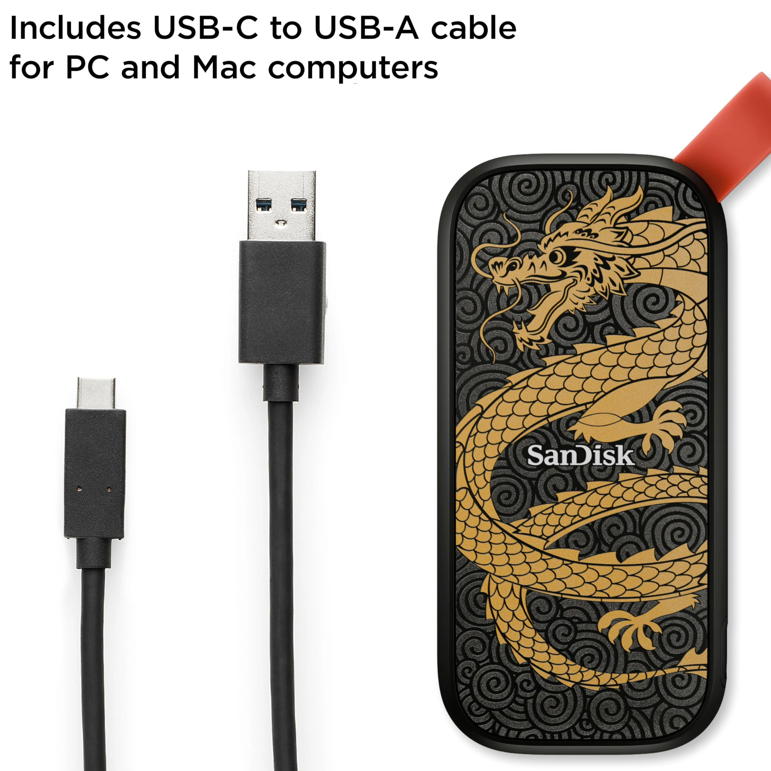 SanDisk SSD portatile da 1 TB, Dragon Edition, fino a 800 MB/s, USB-C, USB 3.2 Gen 2, firmware aggiornato, unità SSD esterna - SDSSDE30-1T00-GD25
