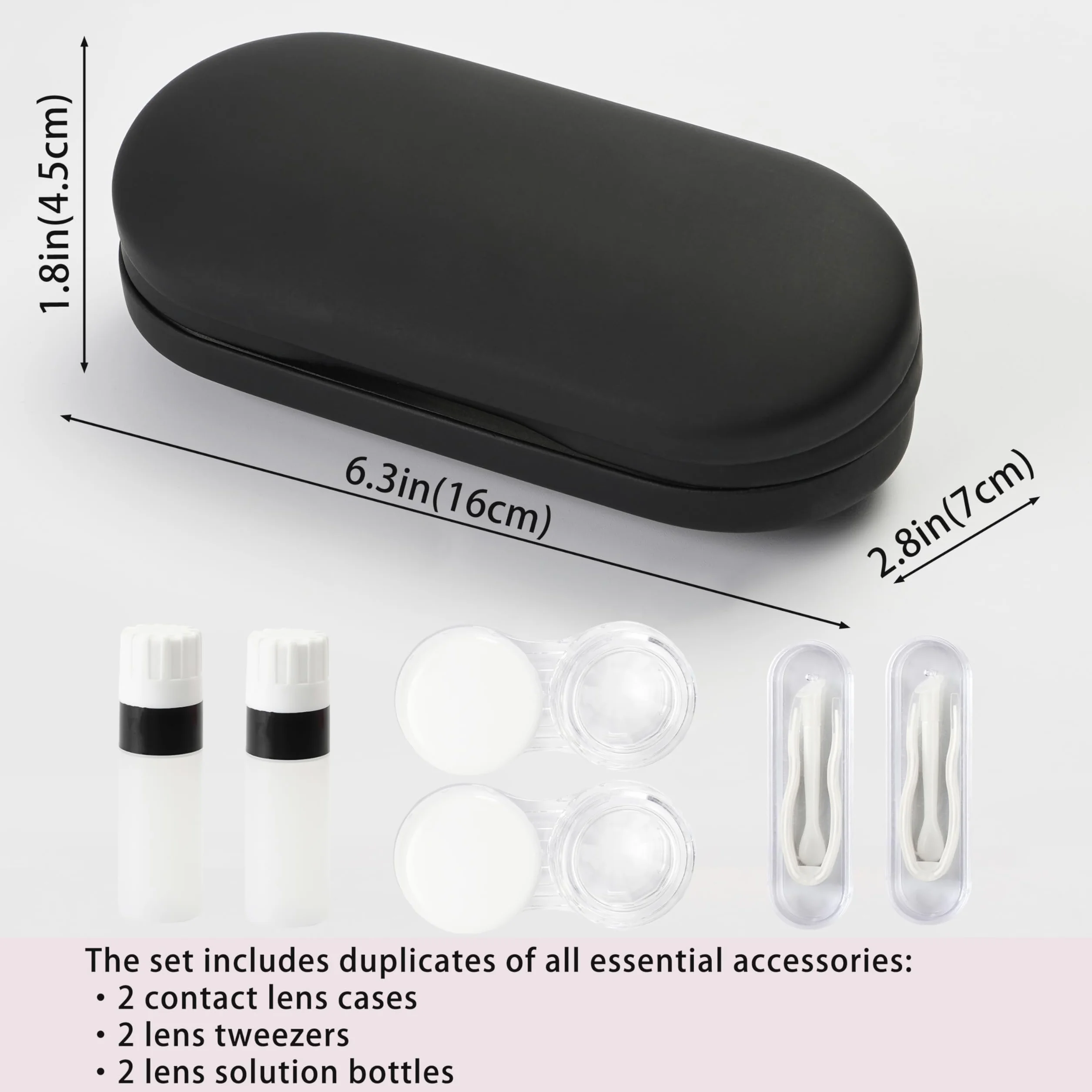 Custodia portatile per lenti a contatto con specchio, pinzette, rimuovi lenti, flacone soluzione, nero, Small to Medium