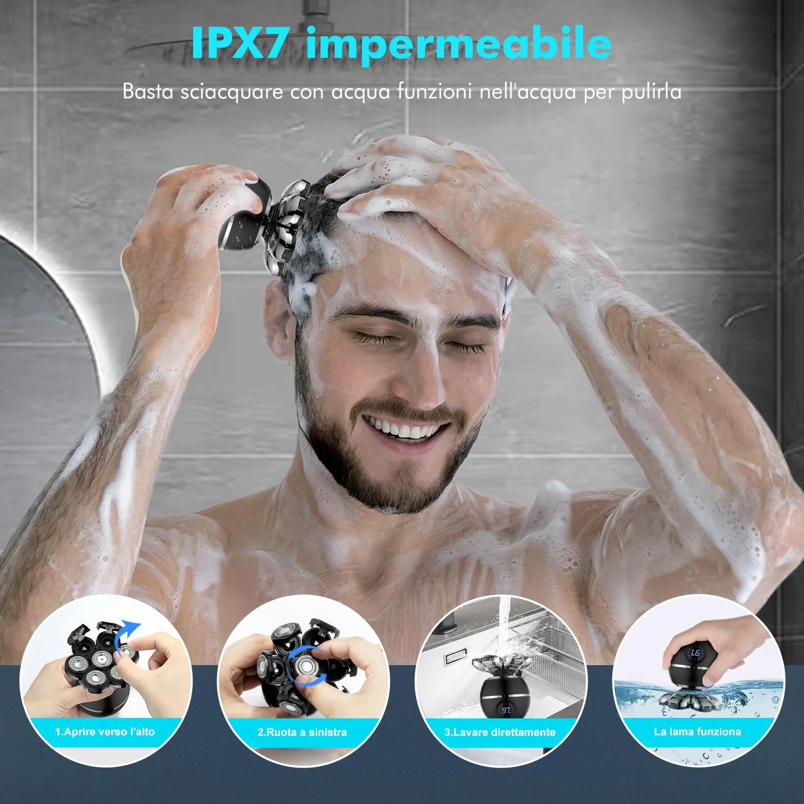 7D Rasoio Elettrico Barba Testa Calva Uomo IPX7 Impermeabile 6 in 1 con Display LED 9 Kit di Bellezza